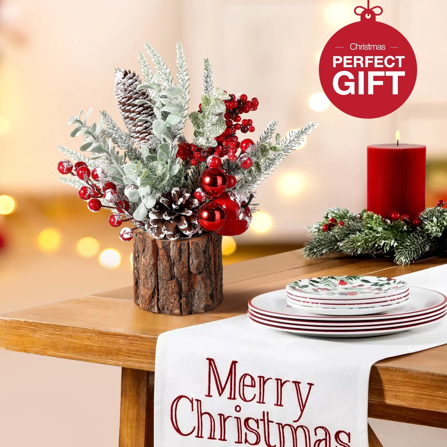 Ayieyill Small Christmas Tree, Artificial Mini Tabletop Christmas Tree Decorations with Christmas Ornaments