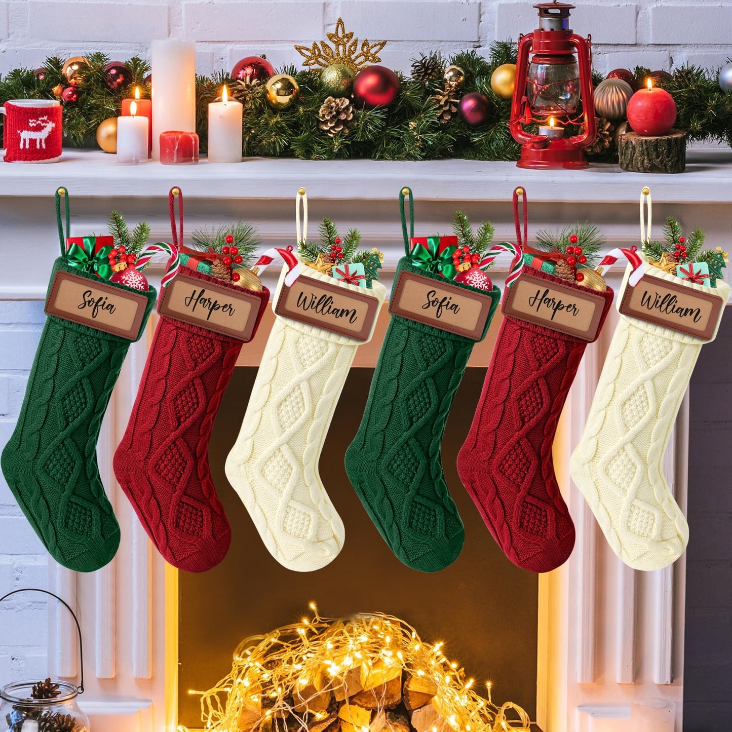 Ayieyill 6Pack Christmas Stockings, 17.7Inches Large Knitted Stocking Personalized Xmas Hanging Stocking Decorations with Name Leather Patches for Holiday Christmas Party Family Decor (Green Red)