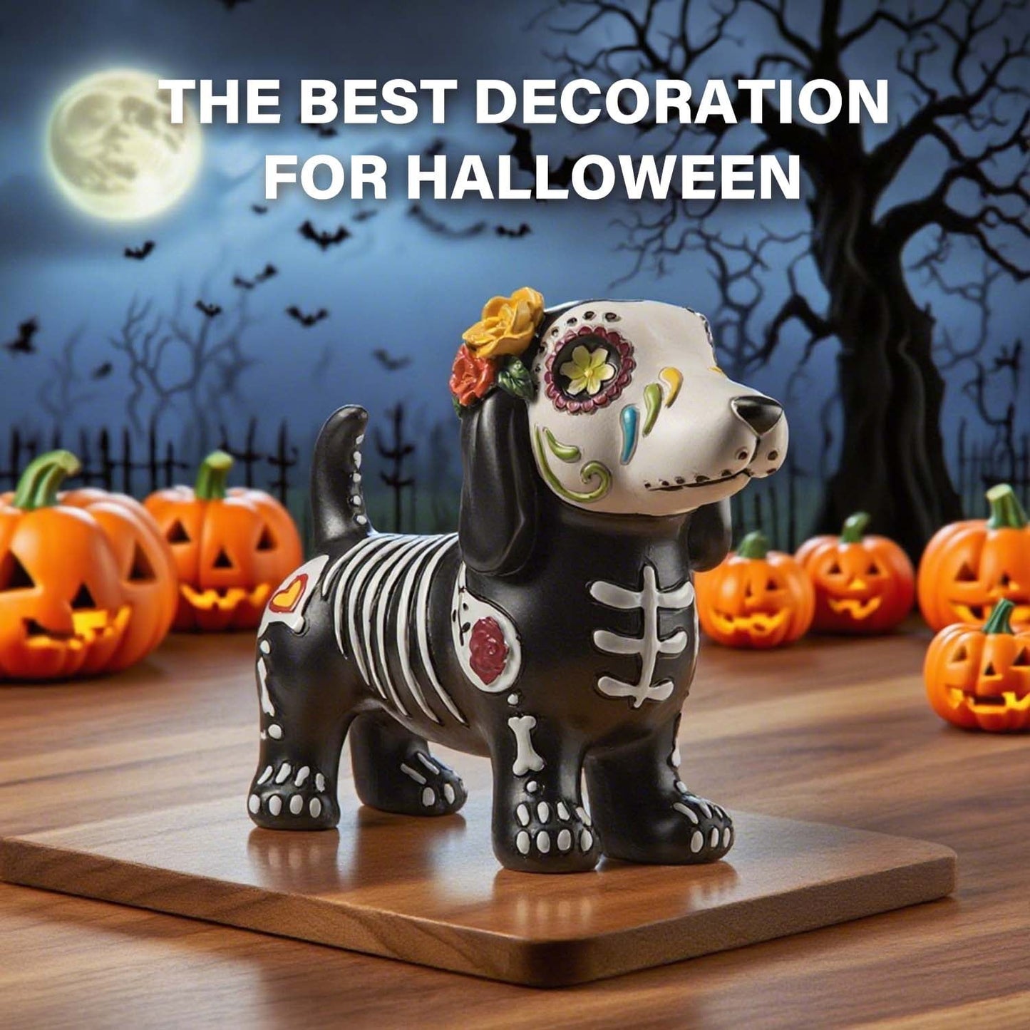 Ayieyill Day of the Dead Cat Figurine, Sugar Skull Halloween Decorations Indoor, Dia de los Muertos Decor