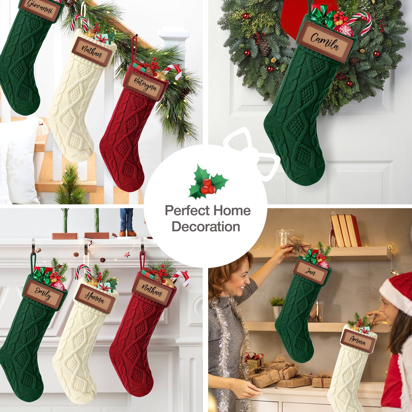 Ayieyill 6Pack Christmas Stockings, 17.7Inches Large Knitted Stocking Personalized Xmas Hanging Stocking Decorations with Name Leather Patches for Holiday Christmas Party Family Decor (Green Red)