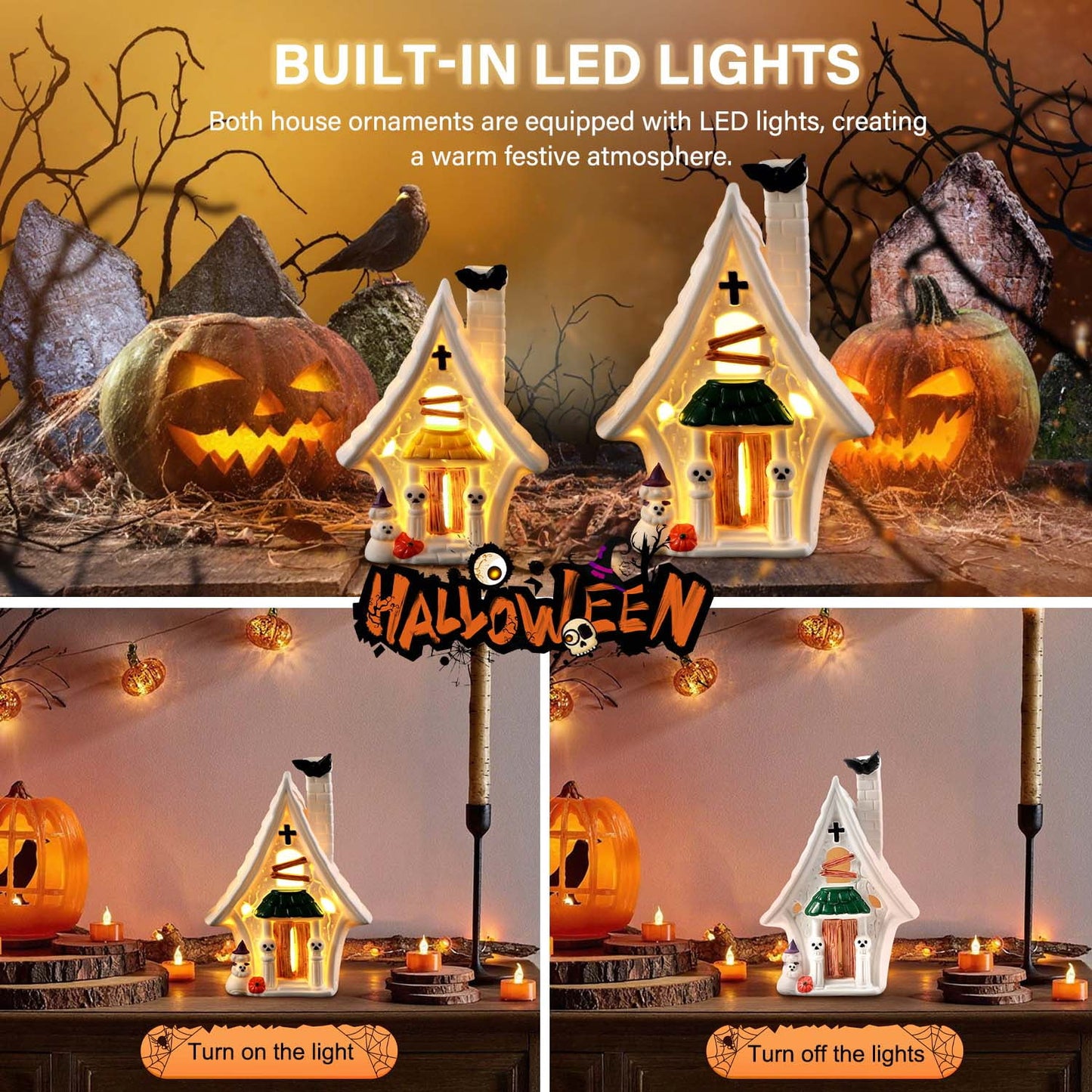 Ayieyll 2Pcs Pre-Lit Ceramic Halloween Village Halloween Haunted House White Village Houses with Skulls & LED & Bats for Halloween Table Decorations