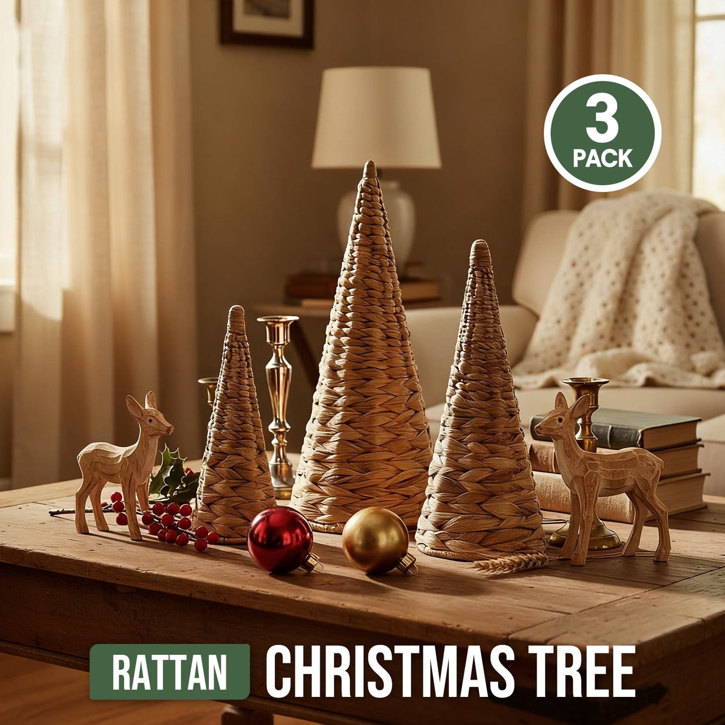 Ayieyill 3pcs Wicker Christmas Tree Tabletop Christmas Decor Farmhouse Christmas Decor Rustic Xmas Decorations, Natural