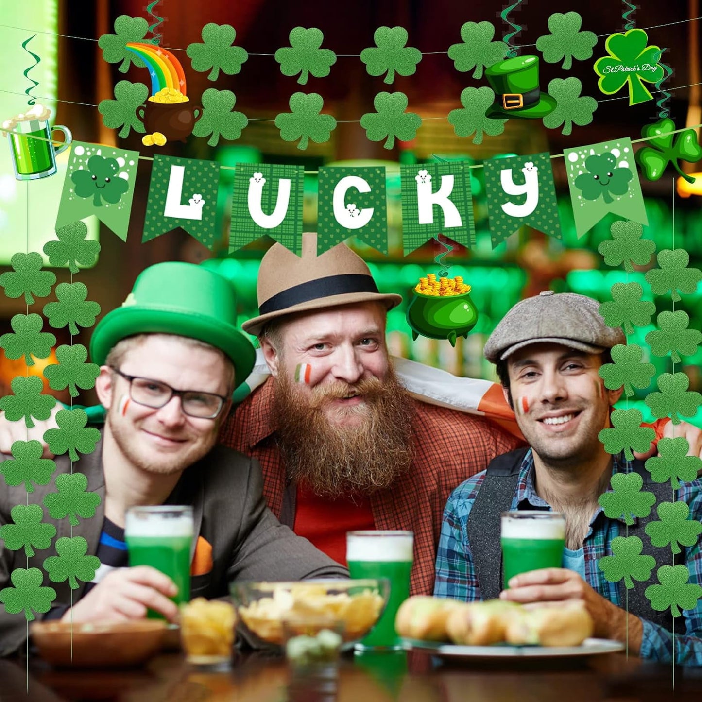 Ayieyill 21Pcs St Patricks Day Decorations Pre-assembled Shamrock LUCKY Banner Garlands Clover Hanging Swirls Irish Decor