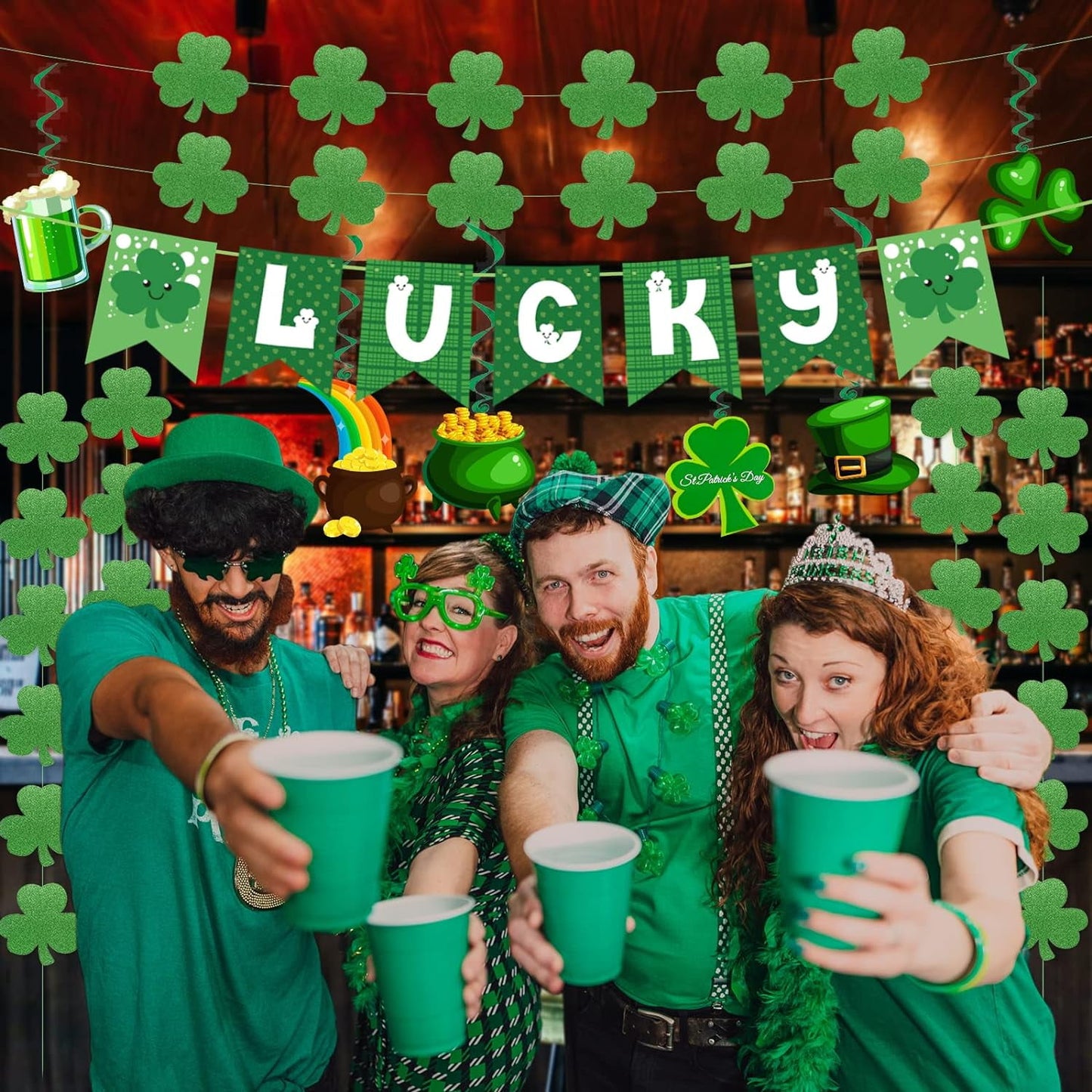 Ayieyill 21Pcs St Patricks Day Decorations Pre-assembled Shamrock LUCKY Banner Garlands Clover Hanging Swirls Irish Decor