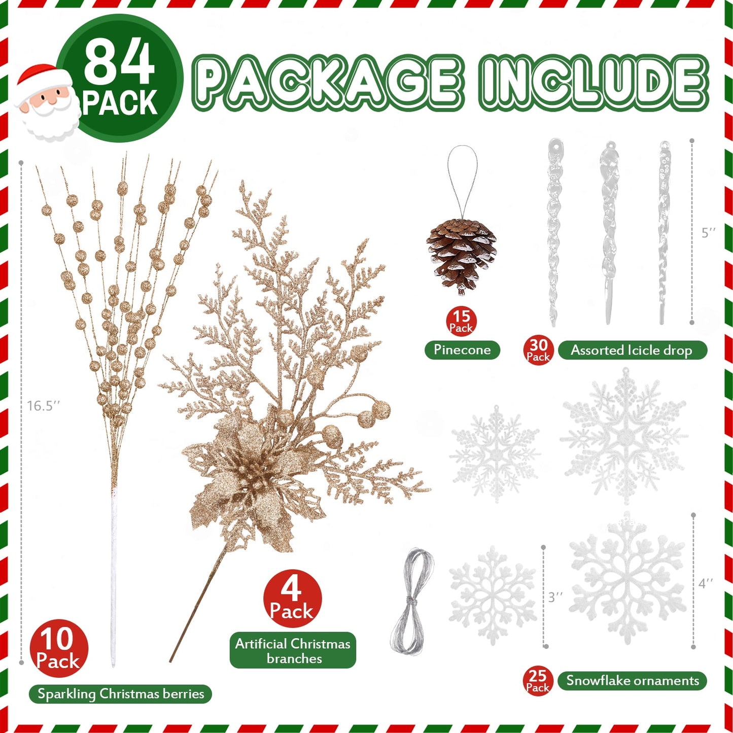Ayieyill 84Pcs Christmas Tree Decorations Flowers, Artificial Glitter Berry Stems Christmas Pine Cones, Snowflake Icicle Drop Crystal Ornaments