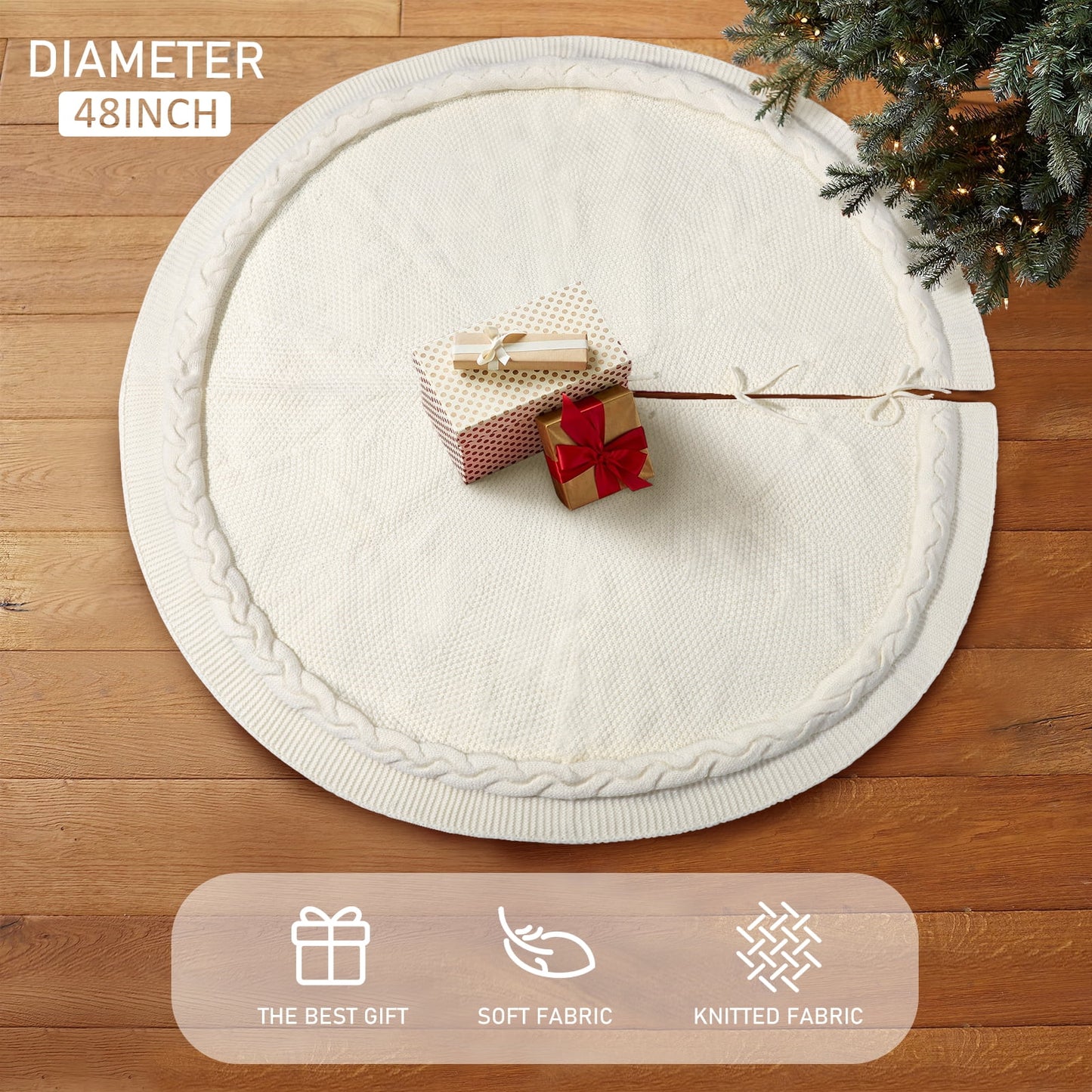 Ayieyill Christmas Tree Skirt, 48 inches White Tree Skirt Luxury Cable Knit Knitted Thick Rustic Xmas Tree Skirt Christmas Decoration, Cream