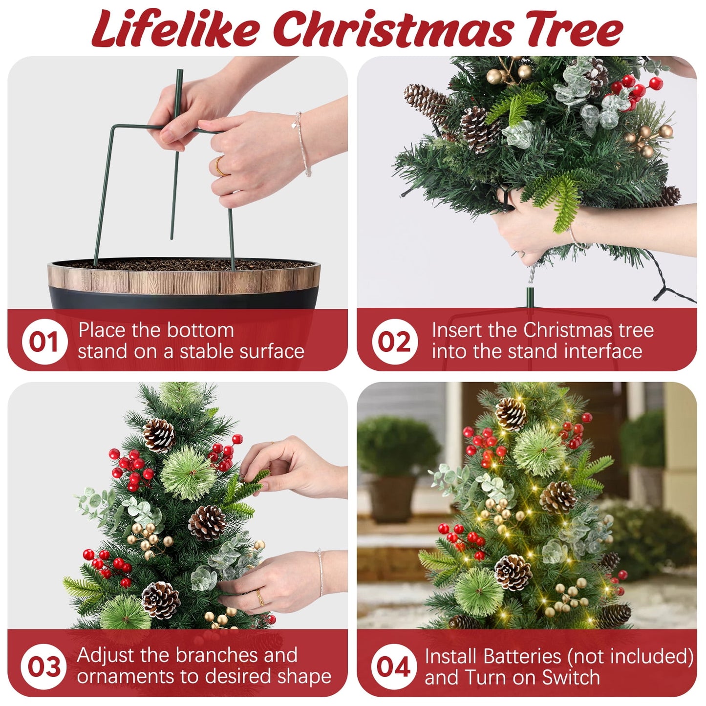 Ayieyill Set of 2 30in Pre-Lit Outdoor Pathway Christmas Trees Decor w/ Berries | Pine Cones | LED Lights for Porch, Yard, Garden