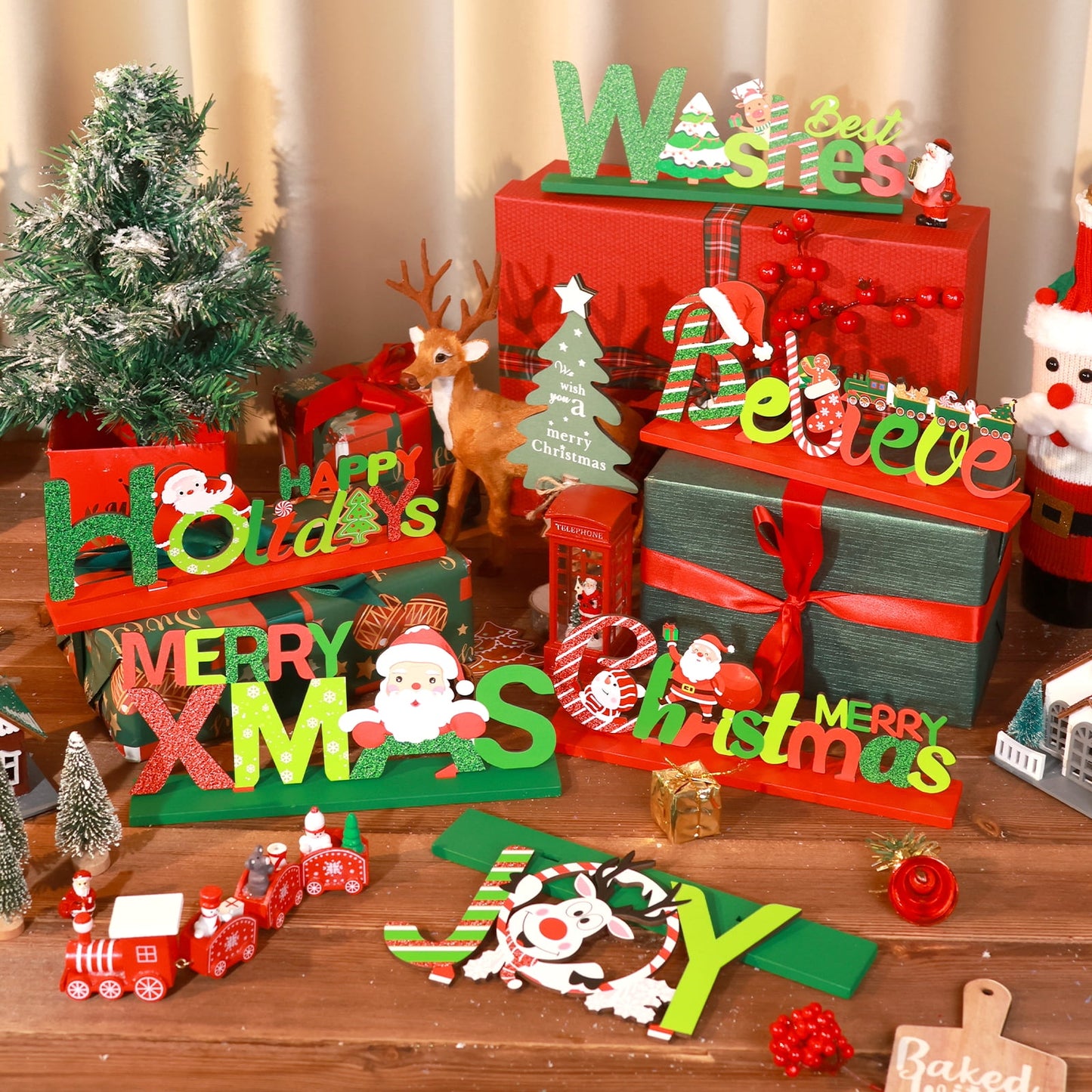 Ayieyill 6 Christmas Table Decorations Signs, Merry Wooden Christmas Table Decor Holidays Centerpiece