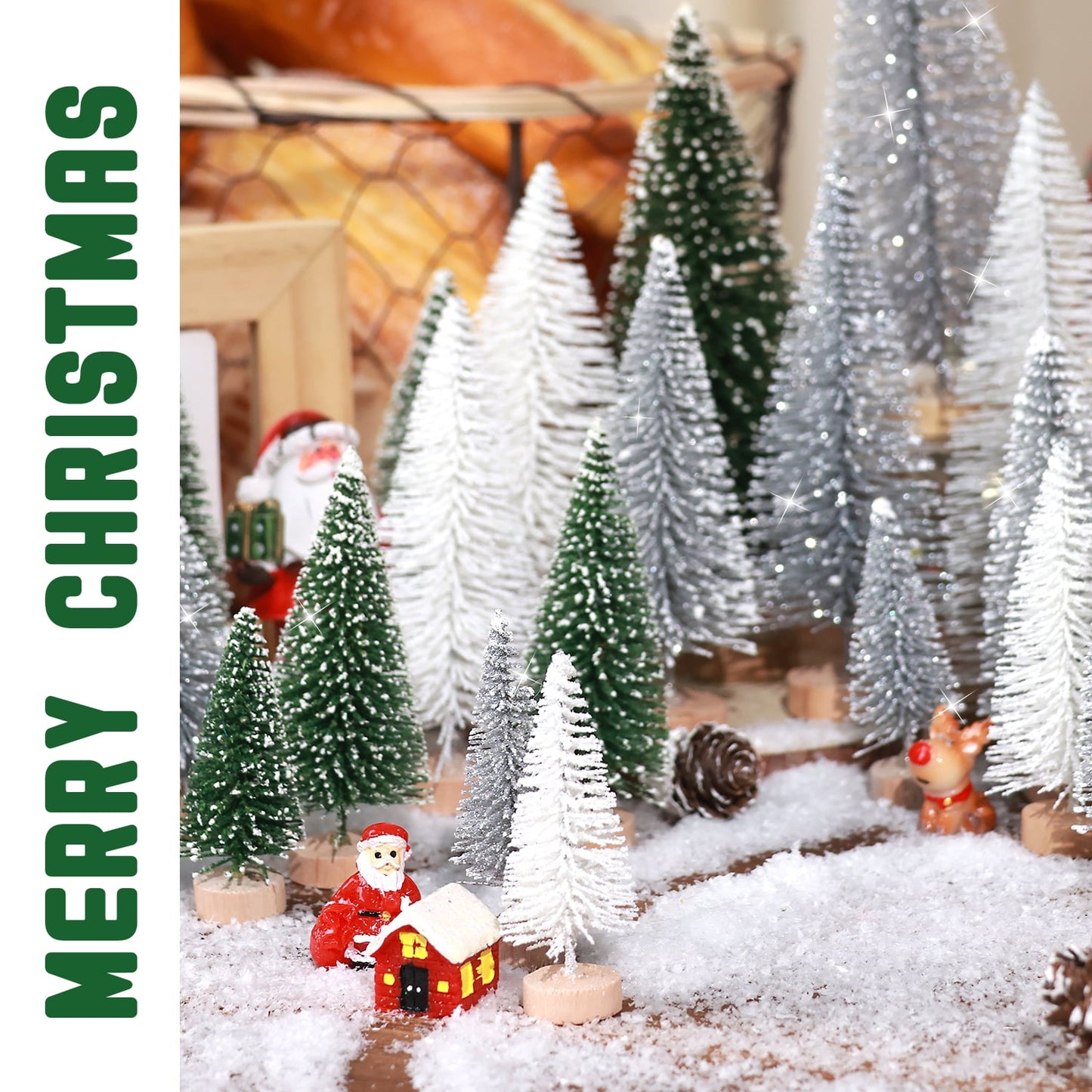 Ayieyill 35Pcs Mini Christmas Trees Bottle Brush Trees with Pine Cone Snow Powder, Christmas Village Sets