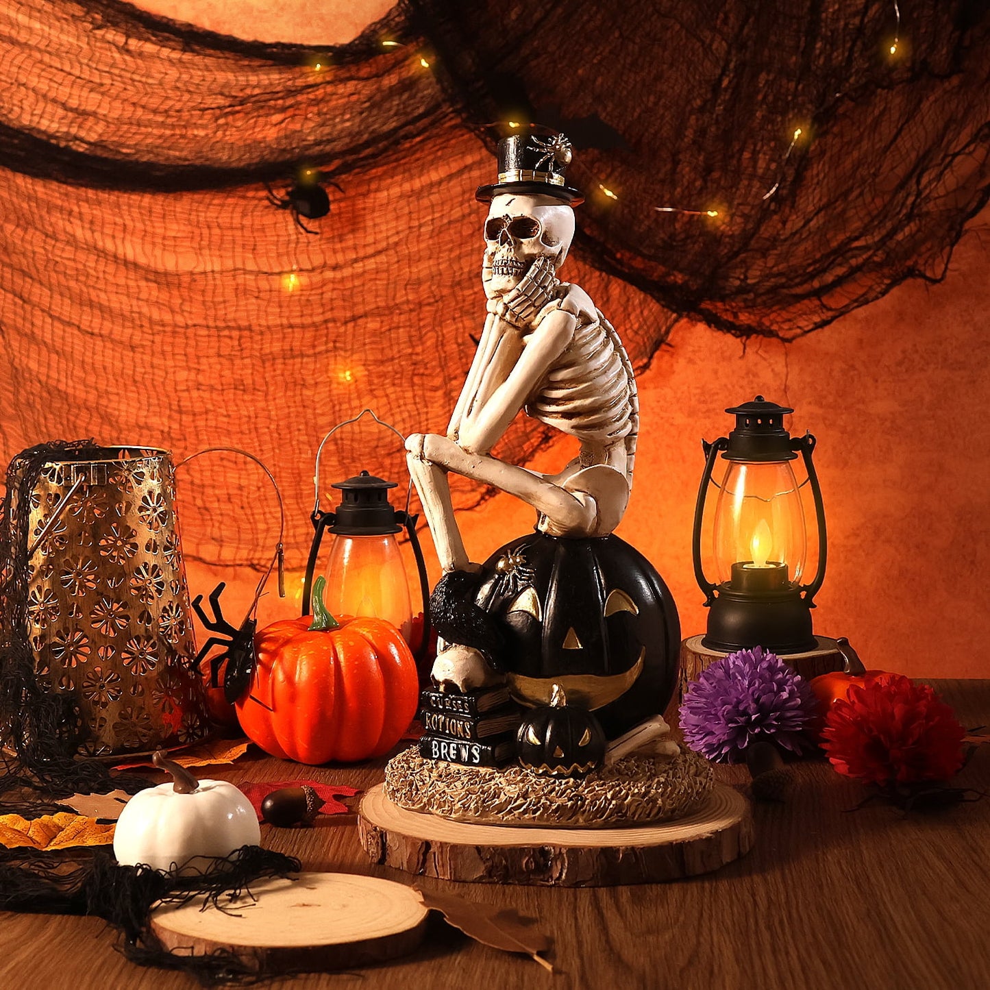 Ayieyill Halloween Skeleton Decorations, Skeleton Figurines on Pumpkin, Halloween Decorations Indoor