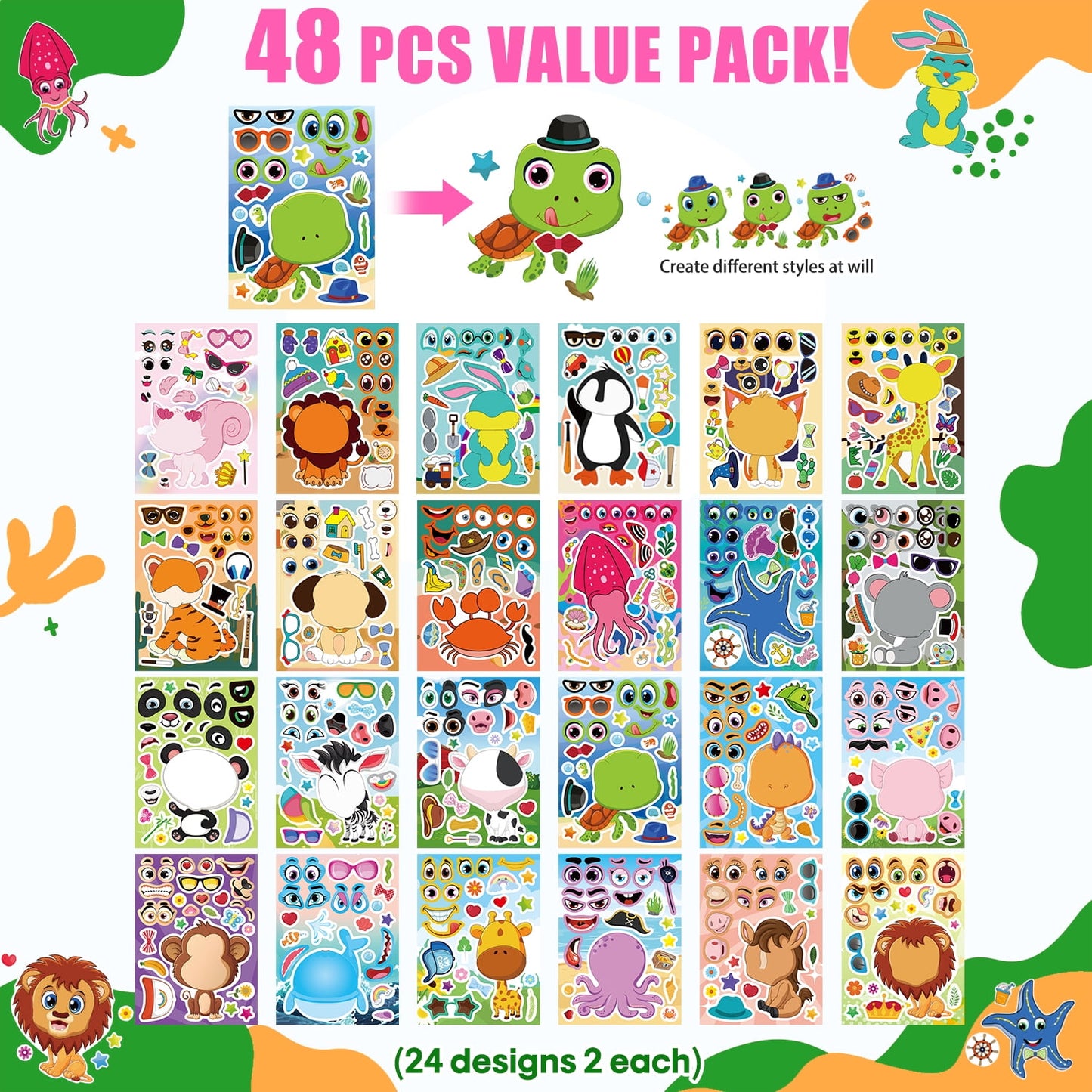 Ayieyill 48PCS Make a Face Animal Stickers Pack for Kids, DIY Sticker Sheets, Party Favors and Goodie Bag Stuffers