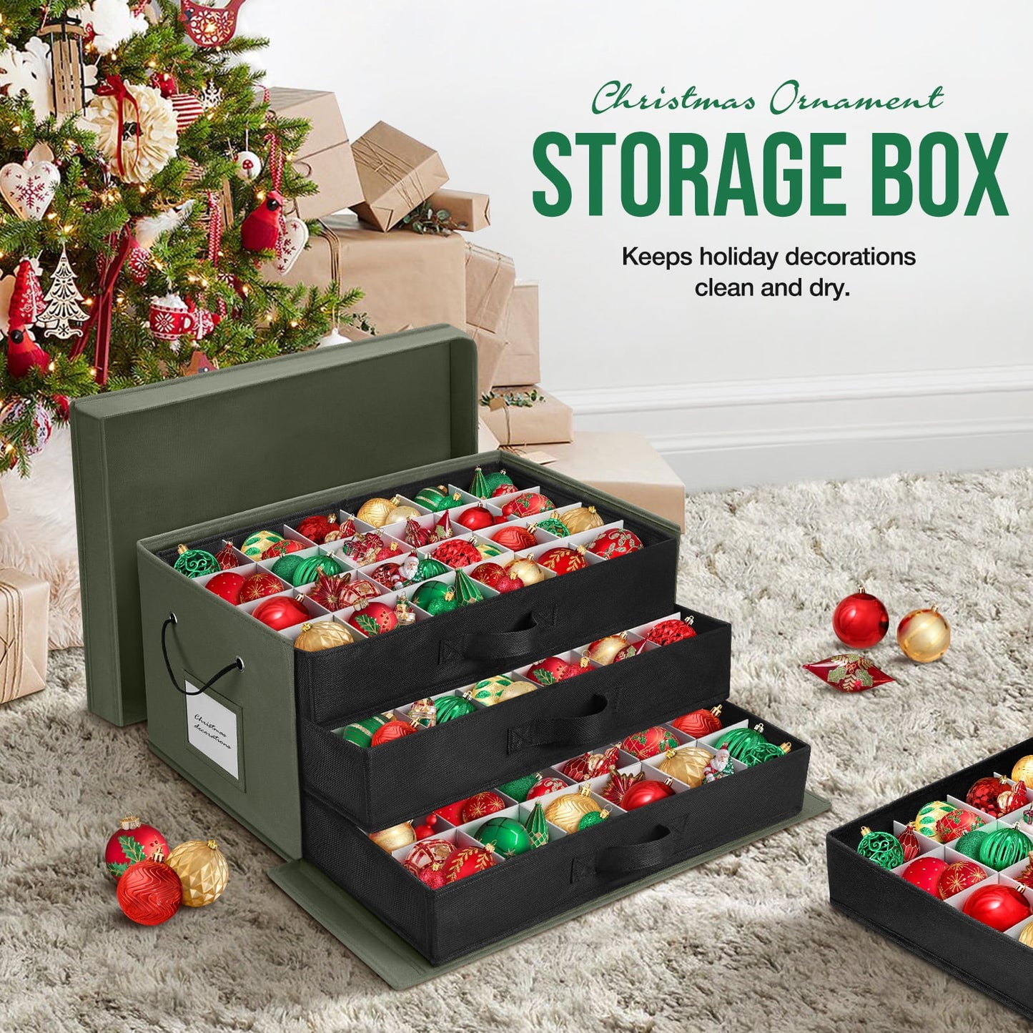 Ayieyill Premium Large Christmas Ornament Storage Box, Christmas Ornament Organizer, with Side Open, 3 Removable Trays - Keeps 72 Holiday Ornaments