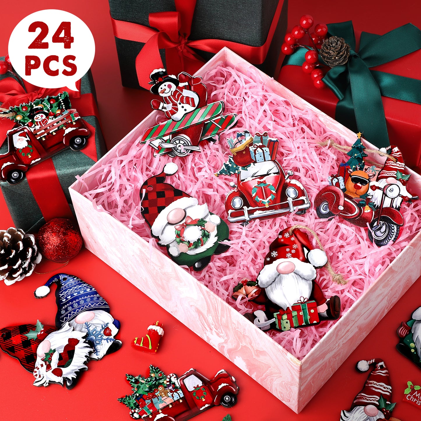 Ayieyill 24 Pieces Christmas Wooden Ornaments, Christmas Tree Ornaments Wood Hanging Decor