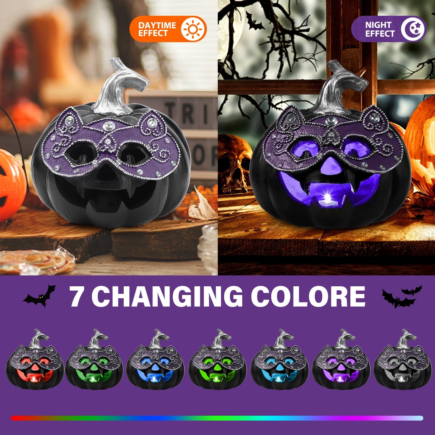 Ayieyill Halloween Pumpkin Decorations Light Up Pumpkin Figurine with Mask Halloween Decor for Home, Red