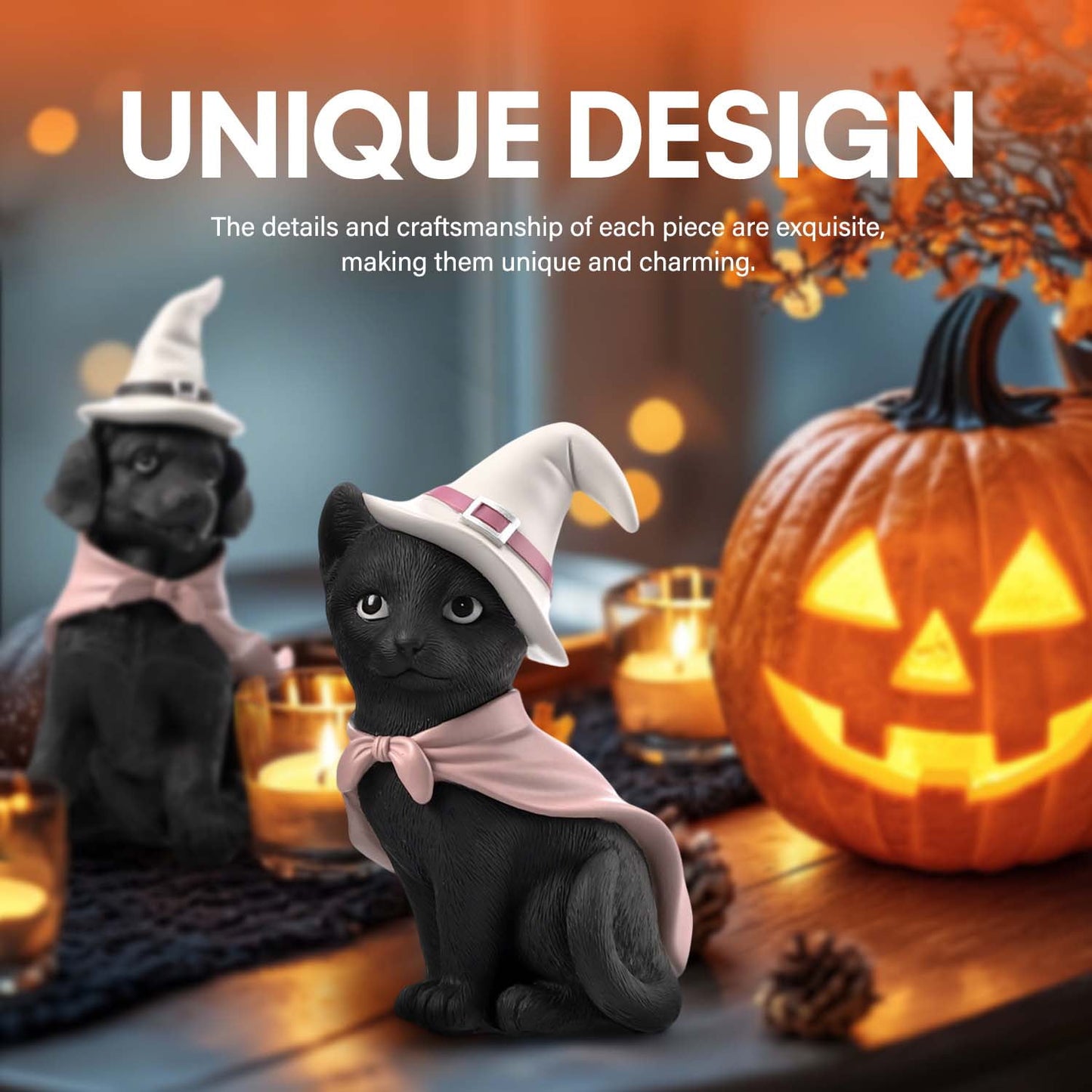Ayieyill Halloween Figurines Set of 2, Black Cat and Black Dog for Tabletop or Shelf Halloween Decoration Indoor