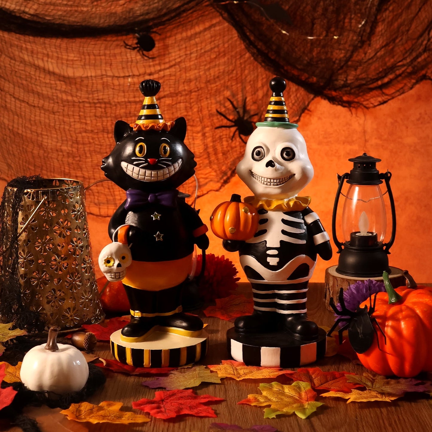 Ayieyill 2pcs Halloween Cat and Skeleton Figurines Halloween Decorations for Table or Desk Cute Halloween Gifts