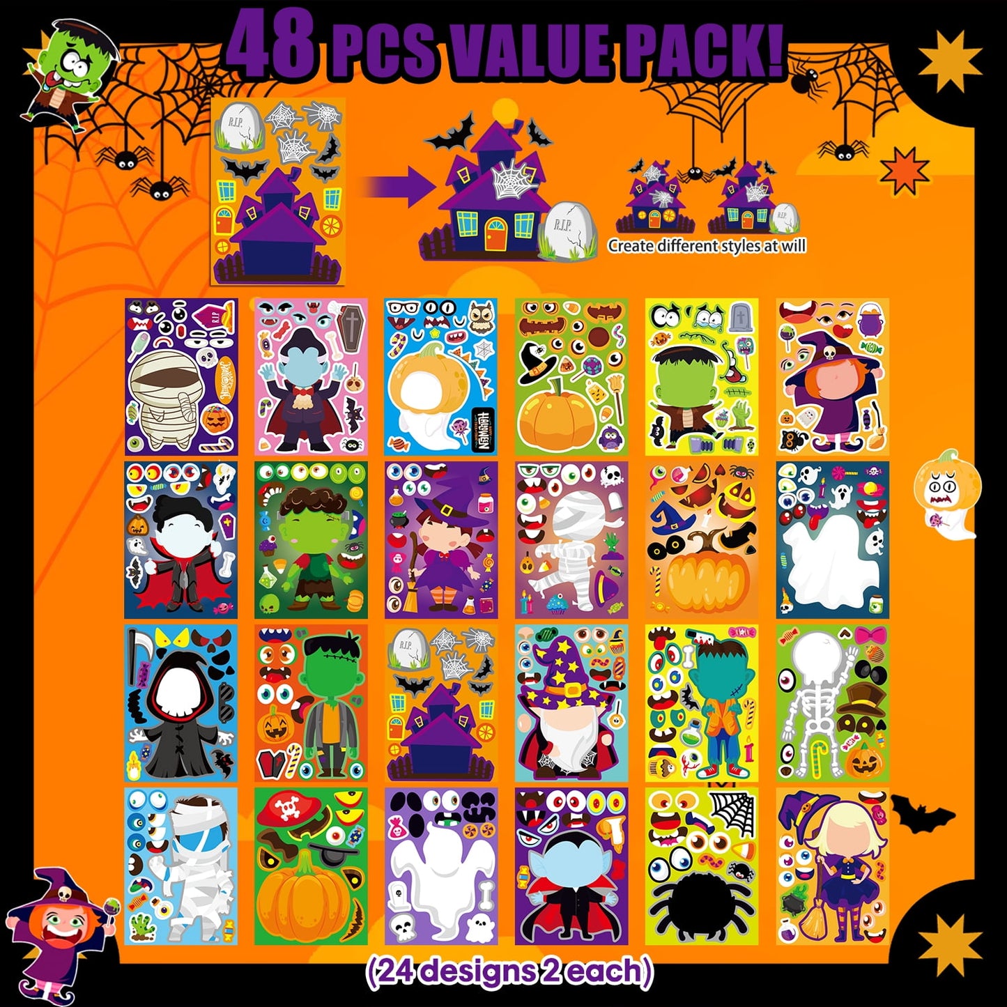 Ayieyill 48PCS Halloween Make a Face Sticker Pack for Kids, Halloween Sticker Sheets Party Favors Goodie Bag Stuffers