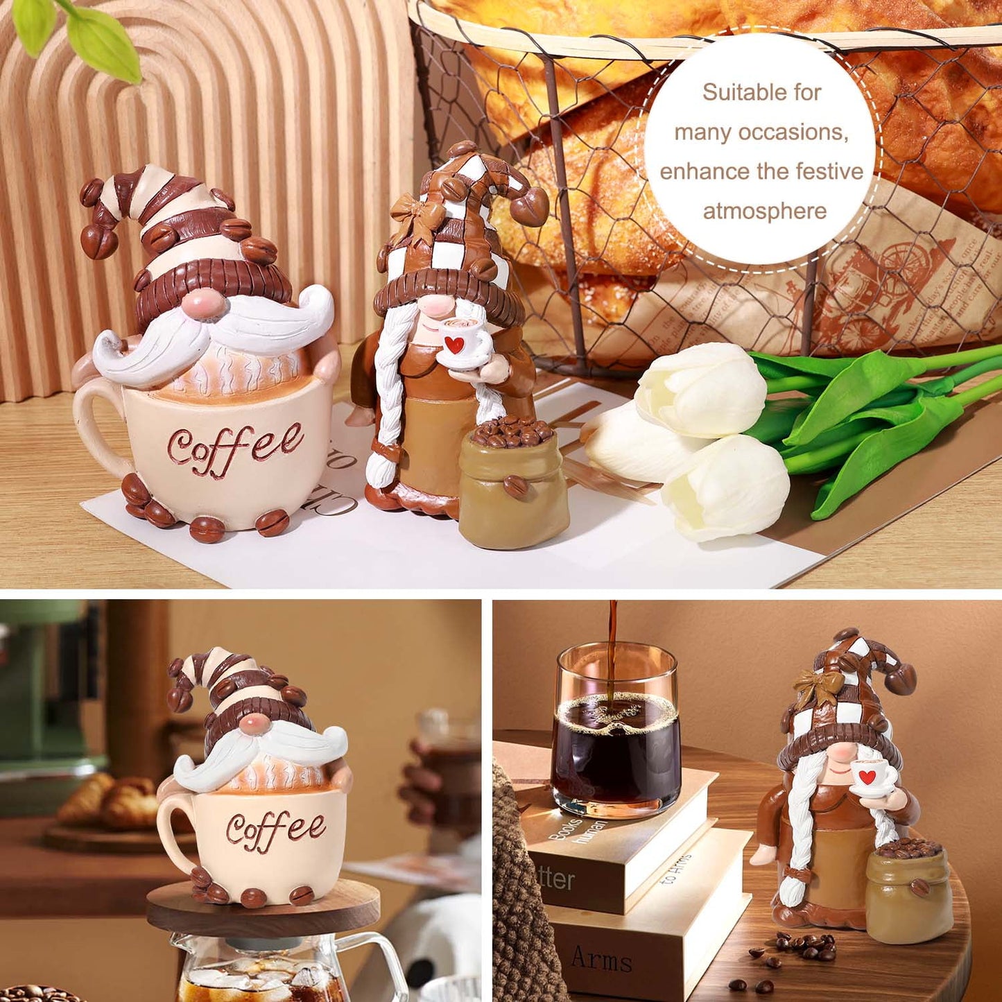 Ayieyill 2 Pack Coffee Gnomes, Coffee Bar Decor Accessories, Christmas Resin Gnome Figurines Tiered Tray Collectible Tabletop Kitchen Decorations