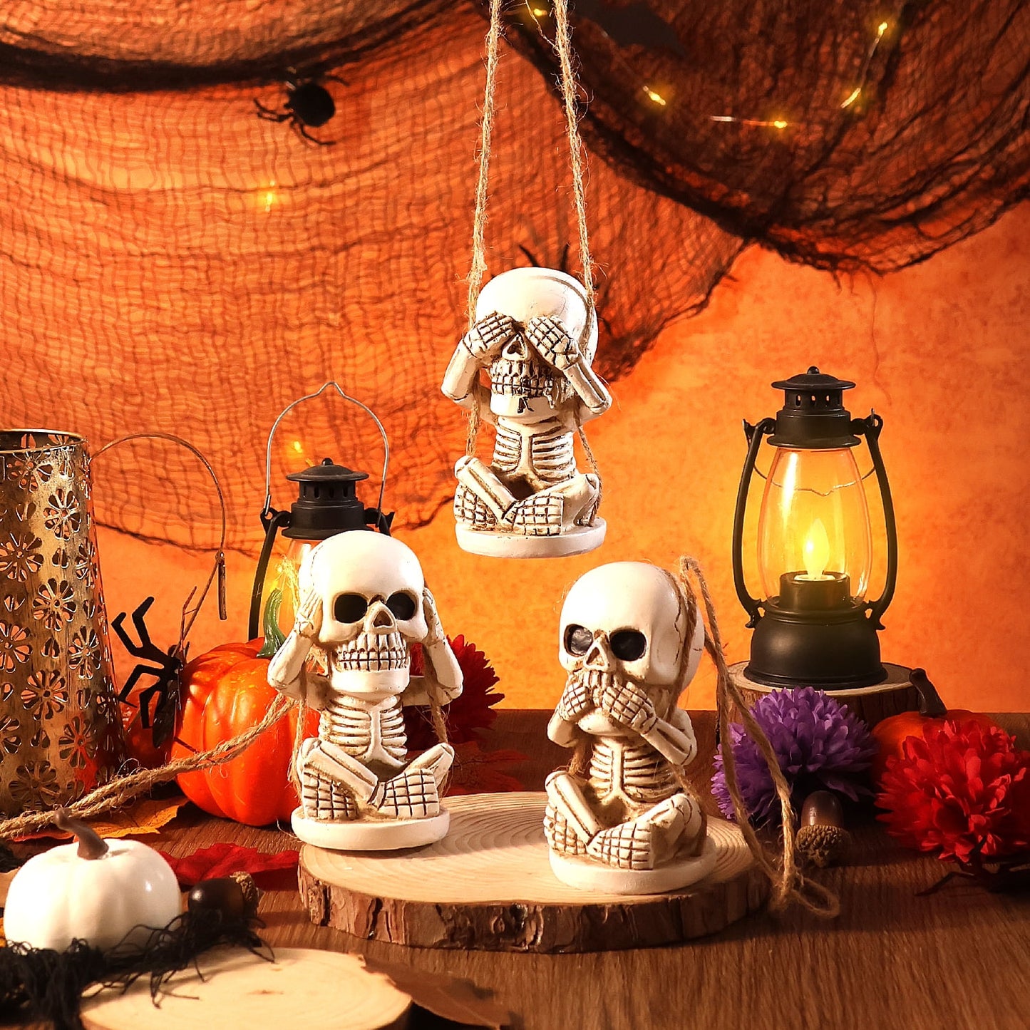 Ayieyill Skeletons Halloween Decorations Set of 3, See Hear Speak No Evil Halloween Skeleton Decor