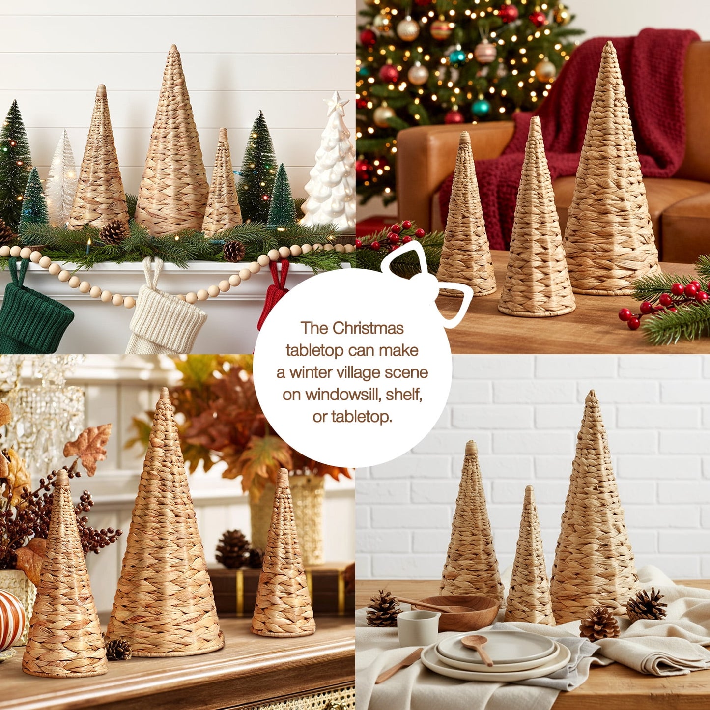 Ayieyill 3pcs Wicker Christmas Tree Tabletop Christmas Decor Farmhouse Christmas Decor Rustic Xmas Decorations, Natural