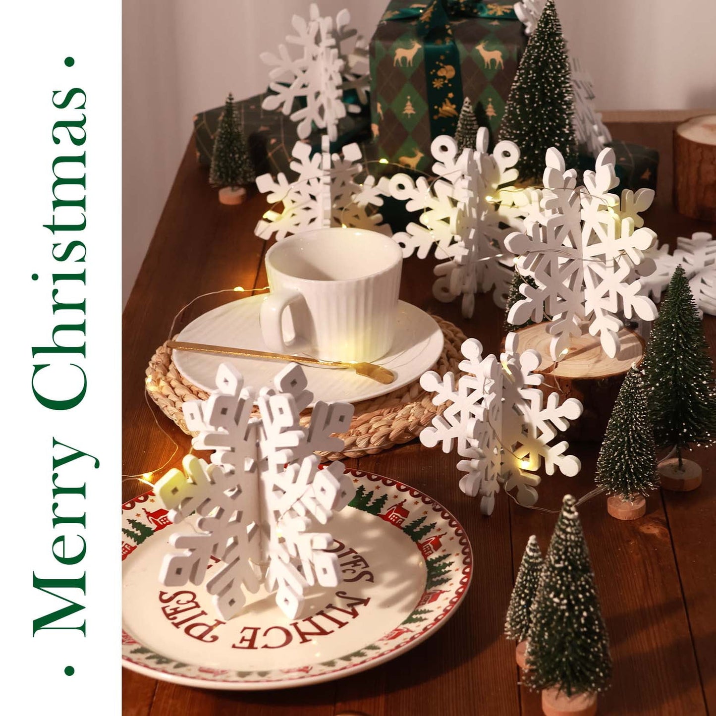 Ayieyill 7 Pcs Snowflake Decorations Indoor Tabletop with Lights, 3D Snowflake Ornaments for Christmas Tabletop Decor (Wooden, White)