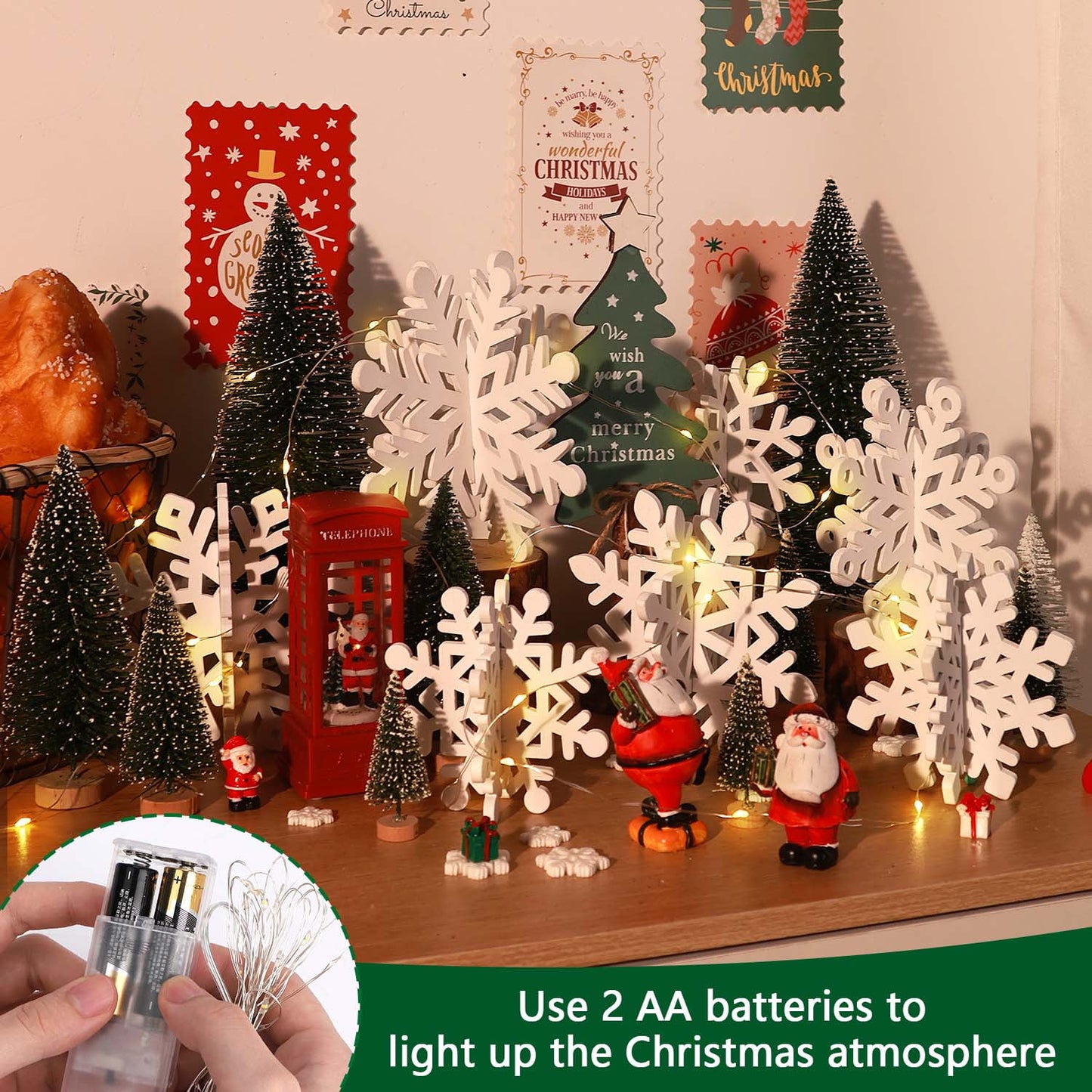 Ayieyill 7 Pcs Snowflake Decorations Indoor Tabletop with Lights, 3D Snowflake Ornaments for Christmas Tabletop Decor (Wooden, White)