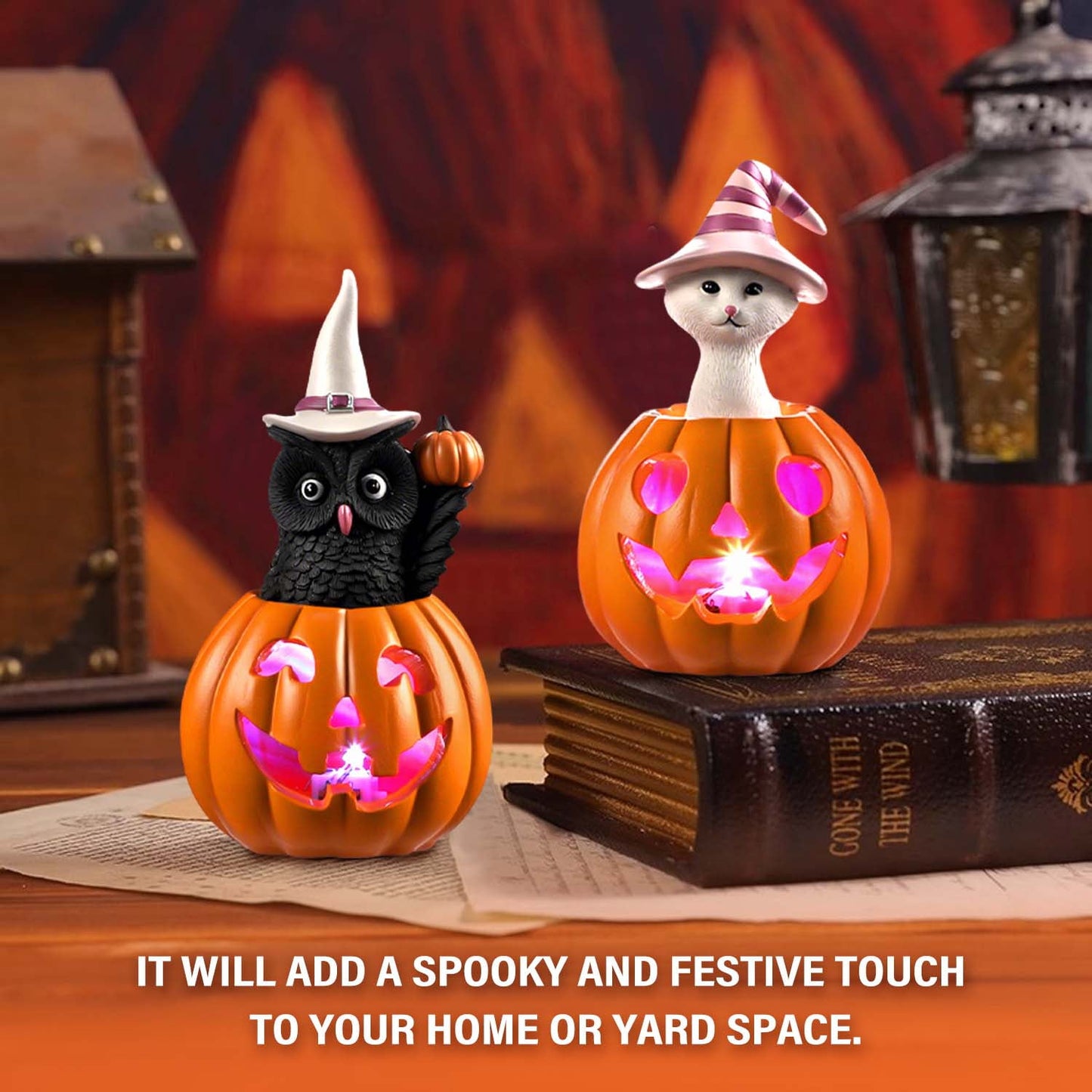 Ayieyill Halloween Figurines Set of 2, Cat and Owl on Pumpkin Decor with LED Lights for Halloween Decorations Indoor