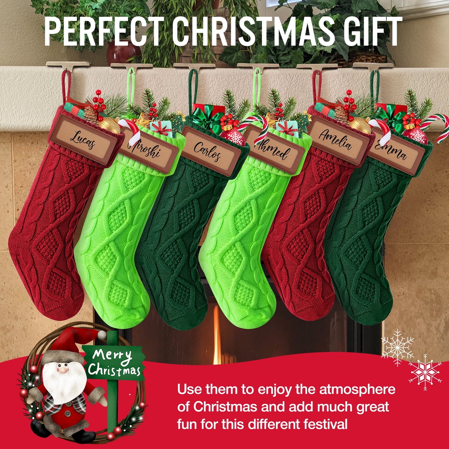 Ayieyill 6Pack Christmas Stockings, 17.7Inches Large Knitted Stocking Personalized Xmas Hanging Stocking Decorations with Name Leather Patches for Holiday Christmas Party Family Decor (Green Red)
