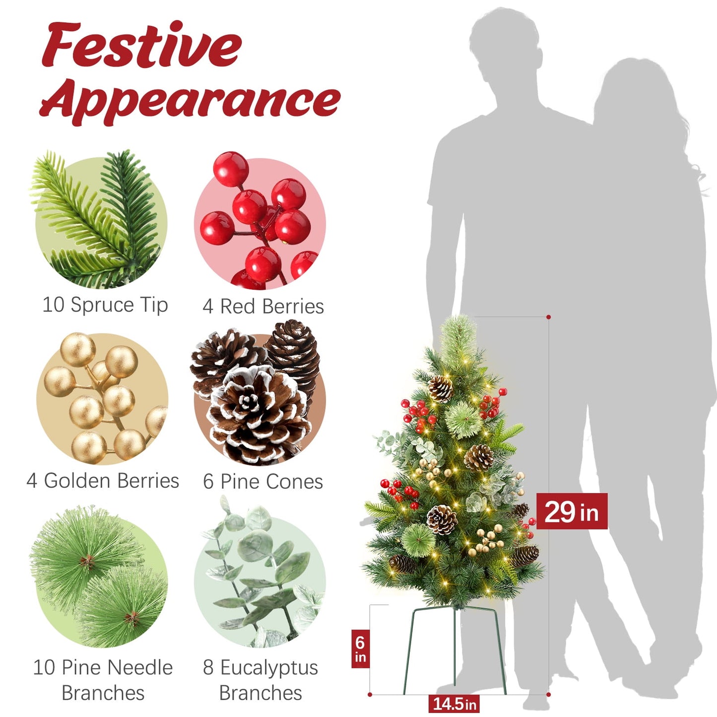 Ayieyill  Set of 2 29in Outdoor Pathway Christmas Trees,  Holiday Decor for Driveway, Yard, Garden w/LED Lights, Berries, Pine Cones, Ornaments