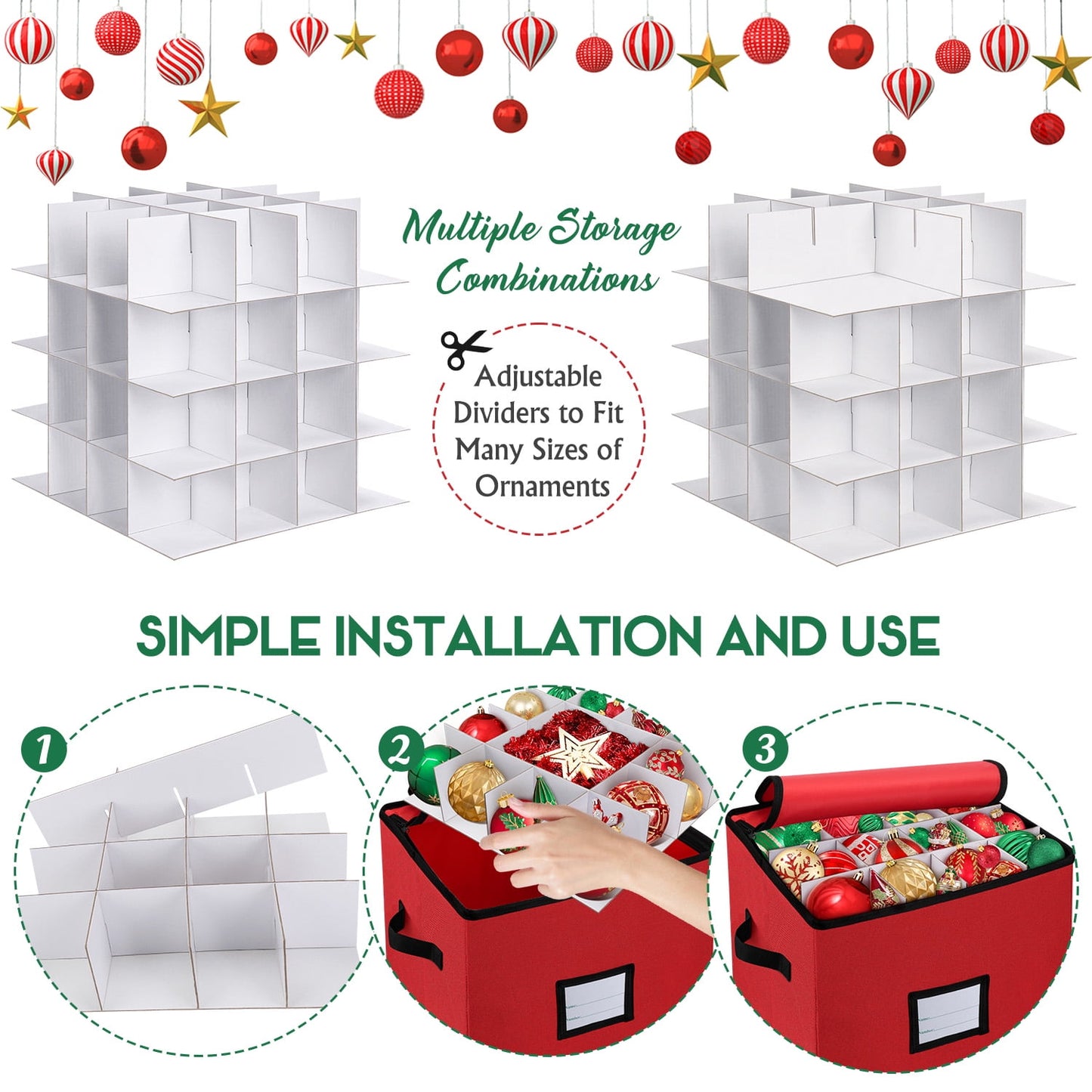 Ayieyill Premium Red Christmas Ornament Storage Chest, Ornament Storage Box Ornament Organizer Holds 64 Balls w/ Dividers , (L) 12''x (W) 12''x (H) 12''