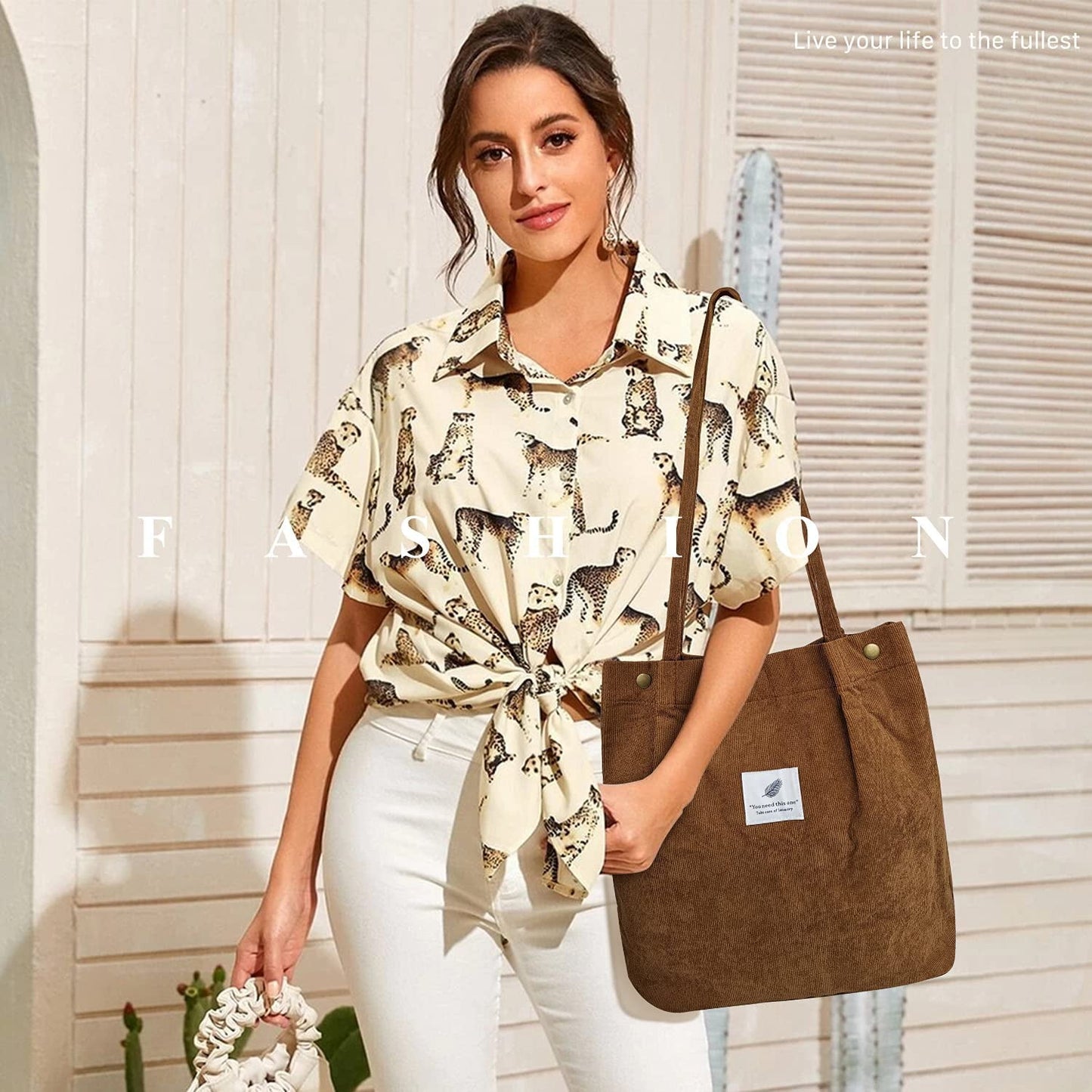 Ayieyill Corduroy Tote Bag Large for Women Girl Lady Canvas Shoulder Cord Purse and Handbags with Inner Pocket