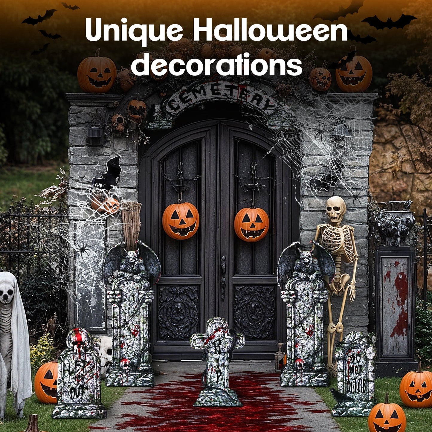 Ayieyill Halloween Tombstone Trunk or Treat Archway Garage Decoration with Gargoyles, Arch Monument, Spider Web and Non-Woven Fabric for Car Garage Door Entryway Archway and Halloween Decor Outdoor