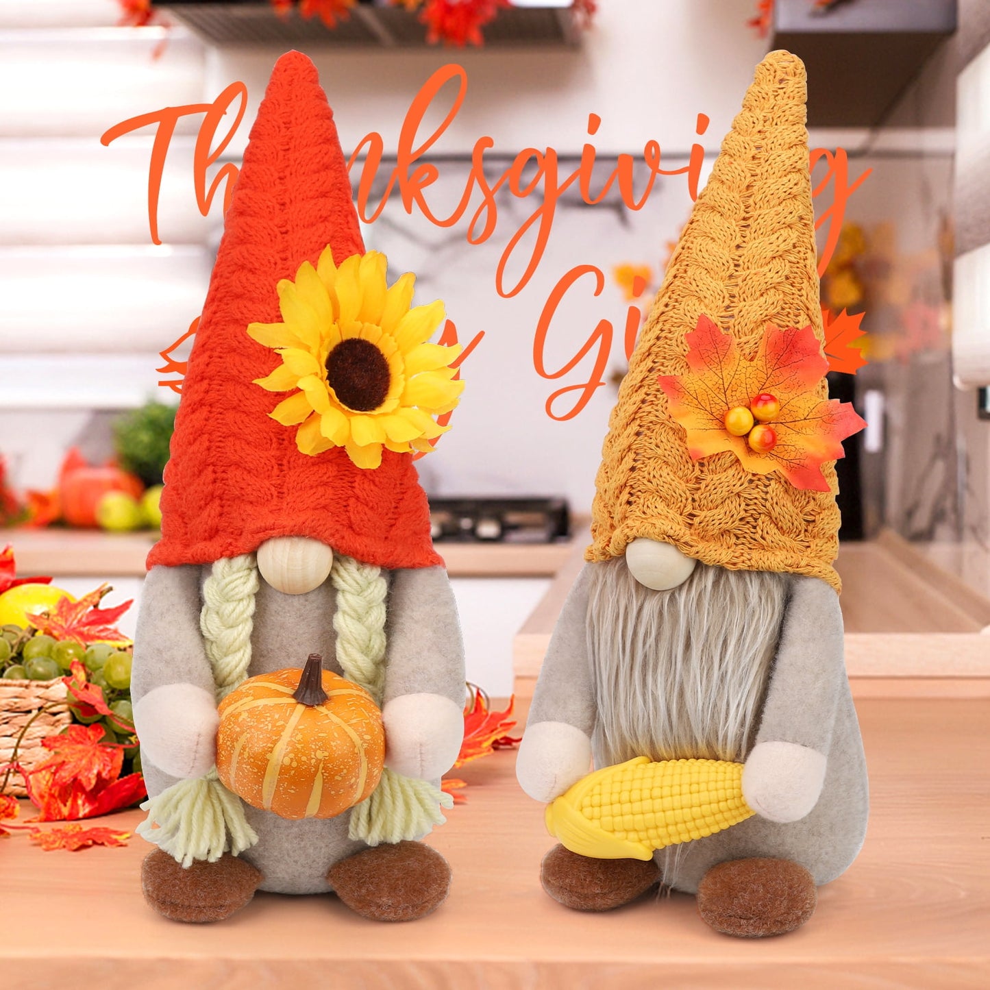 Ayieyill 2Pack Thanksgiving Gnomes Fall Decorations Gnomes Hold Pumpkin Corn