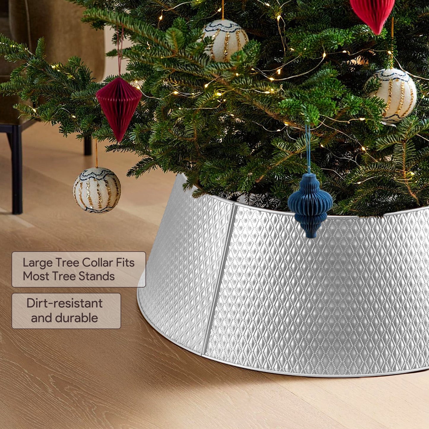 Ayieyill 26 Inch Christmas Tree Collar, Metal Tree Collar, Water Base Protection from Pets, Collar for Christmas Tree, Silver