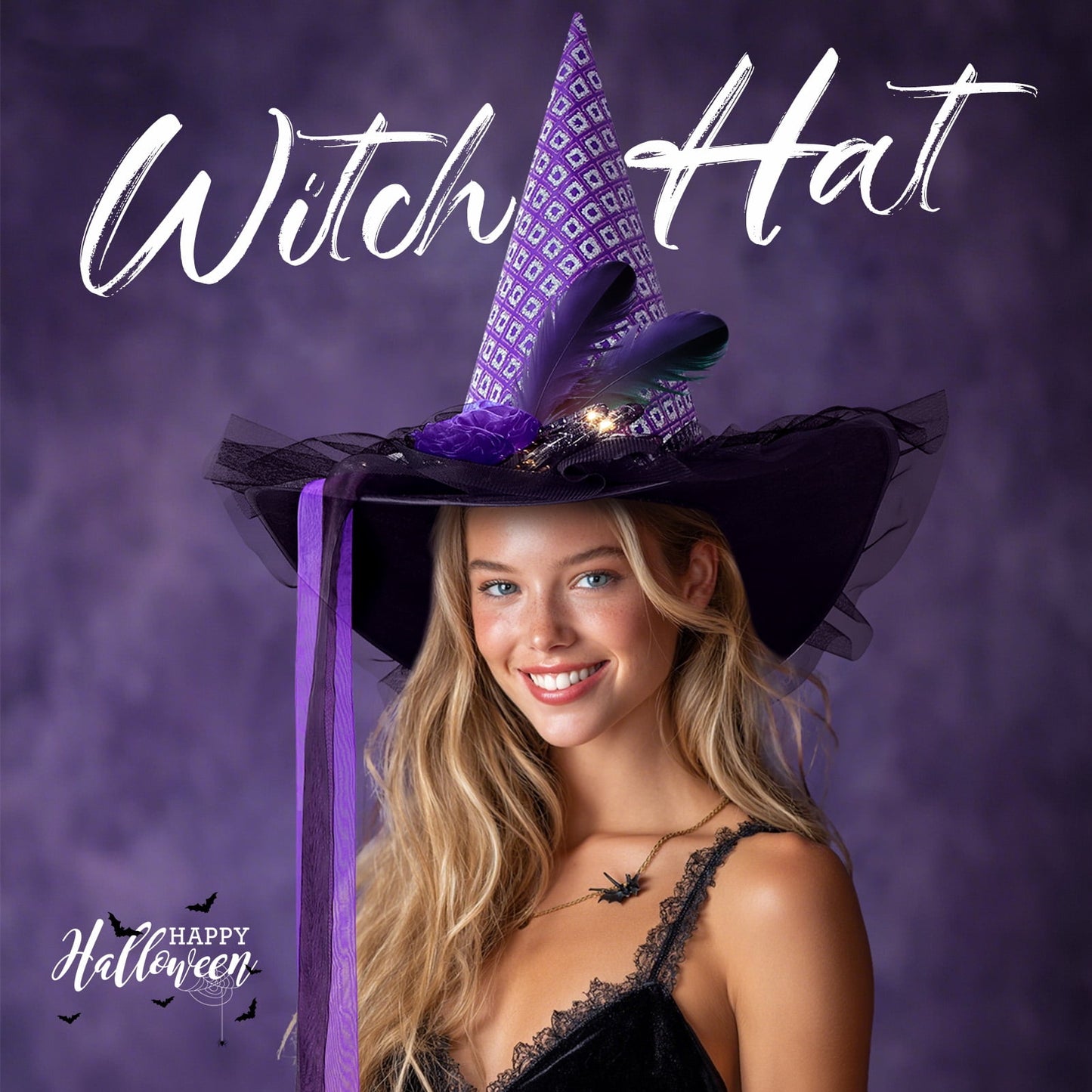 Ayieyill Halloween Witch Hats for Women with Lamp Cosplay Party Halloween Costume Accessory Purple