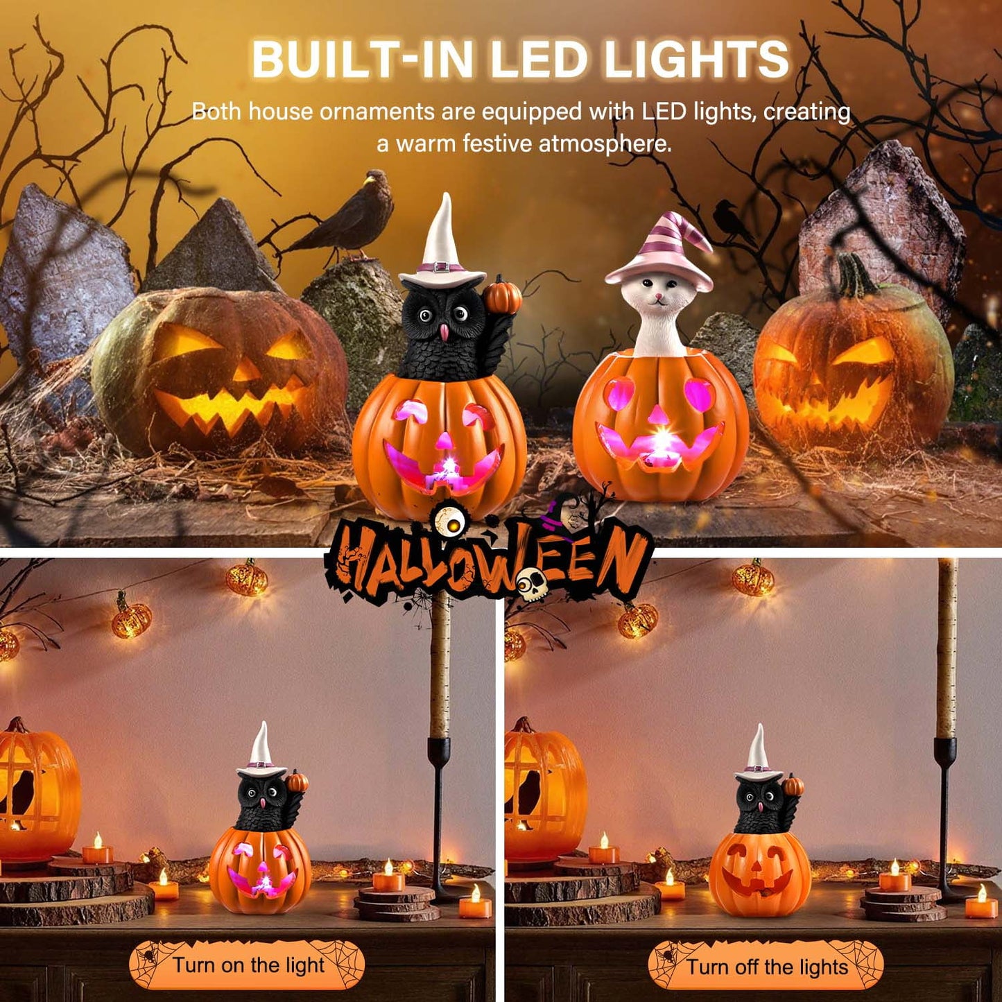 Ayieyill Halloween Figurines Set of 2, Cat and Owl on Pumpkin Decor with LED Lights for Halloween Decorations Indoor