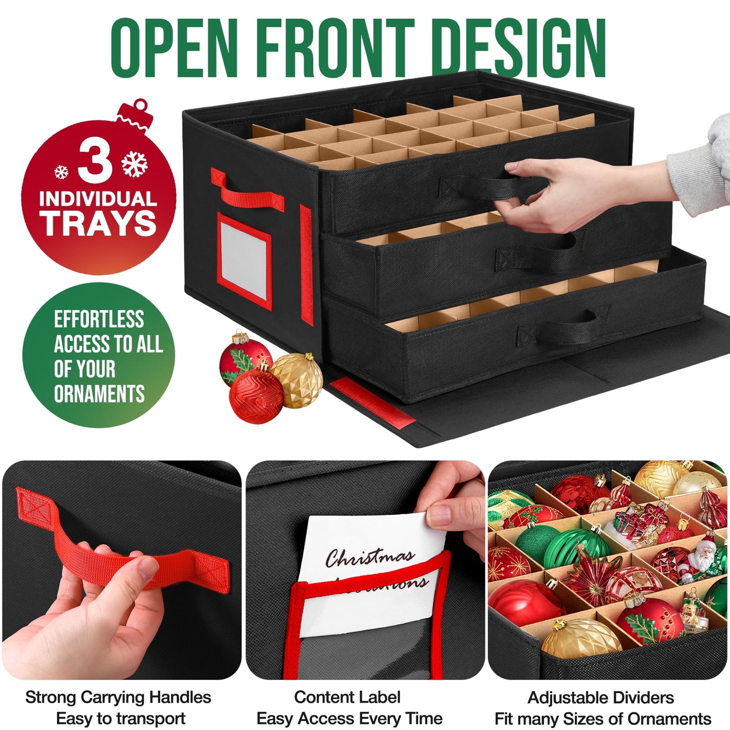 Ayieyill Premium Large Christmas Ornament Storage Box, Christmas Ornament Organizer, with Side Open, 3 Removable Trays - Keeps 72 Holiday Ornaments