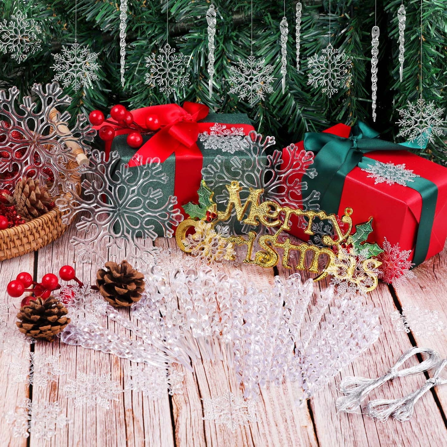 Ayieyill 24 Pieces Christmas Snowflake Drop Ornament Acrylic Icicle Christmas Hanging