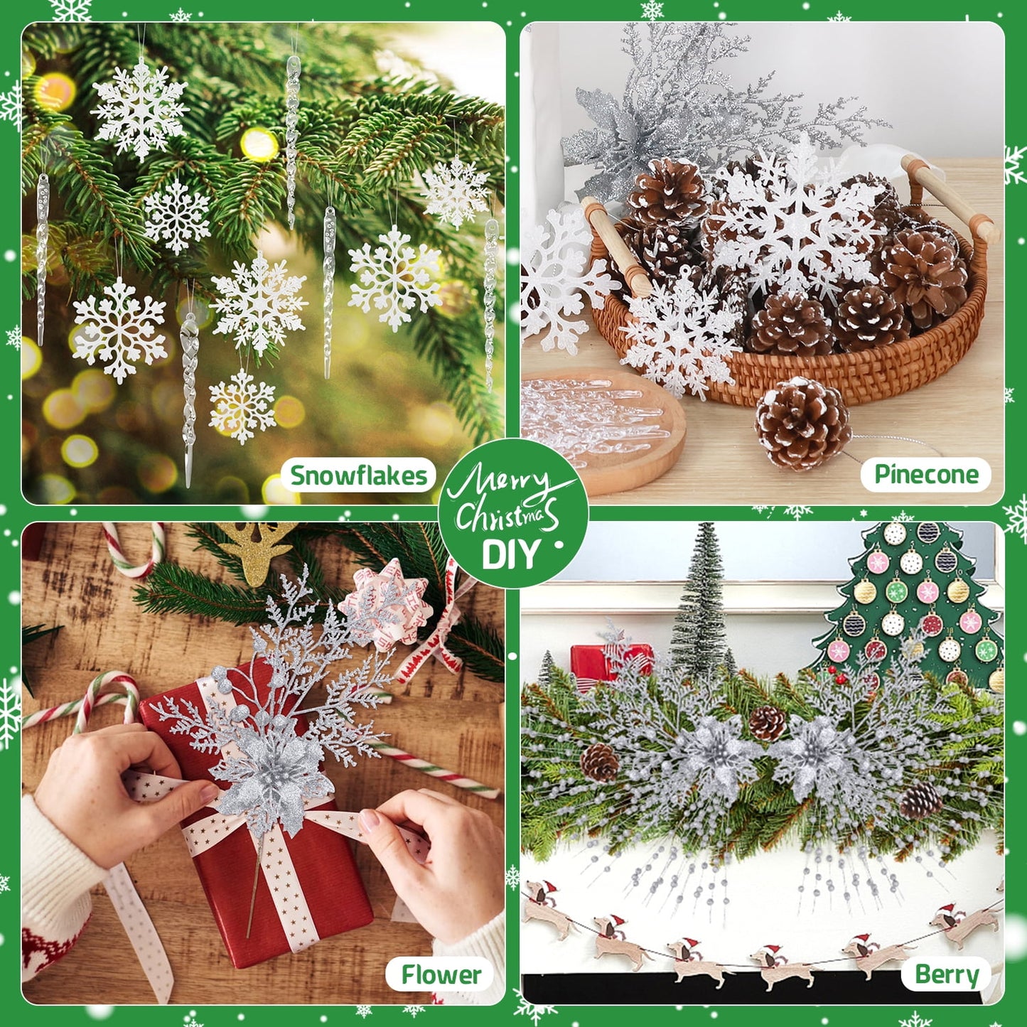 Ayieyill 84Pcs Christmas Tree Decorations Flowers, Artificial Glitter Berry Stems Christmas Pine Cones, Snowflake Icicle Drop Crystal Ornaments
