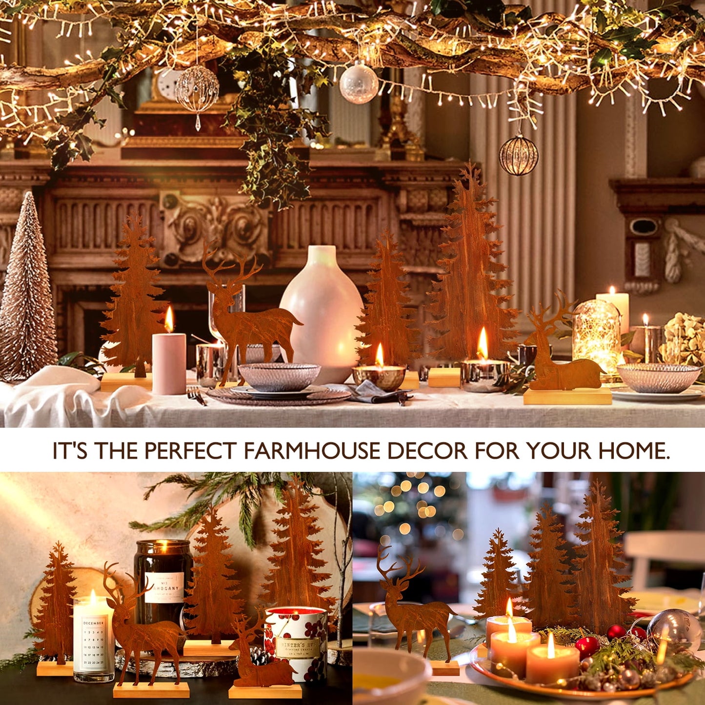 Ayieyill Christmas Tabletop Decorations Indoor, 5pcs Tree and Reindeer Rustic Christmas Decor