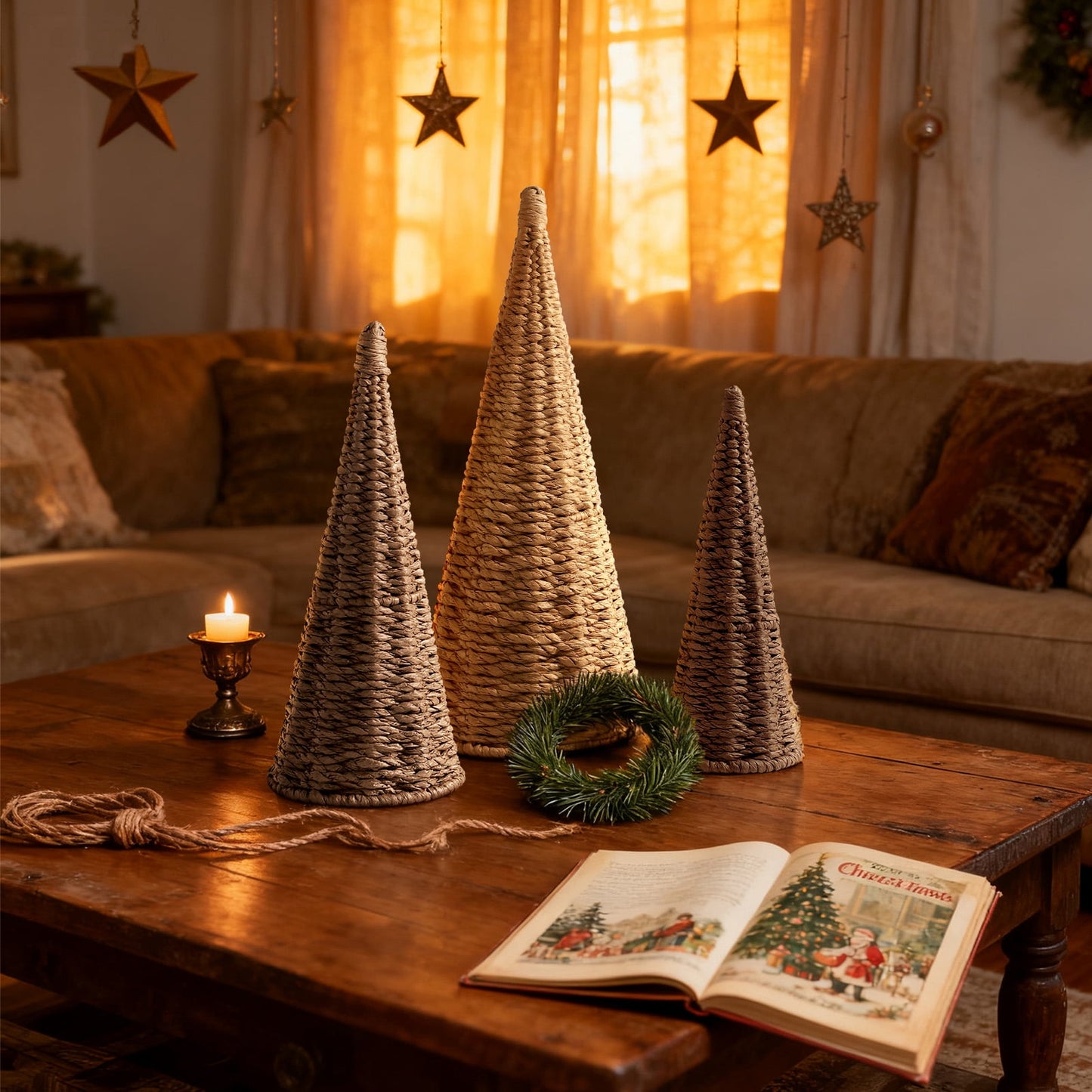Ayieyill 3pcs Wicker Christmas Tree Tabletop Christmas Decor Farmhouse Christmas Decor Rustic Xmas Decorations, Natural