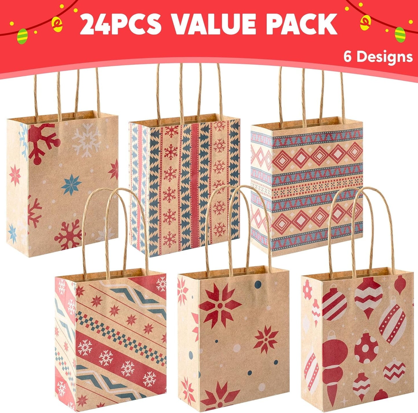 Ayieyill 12pcs Christmas Kraft Gift Bags with Handle, Christmas Paper Gift Treat Bags Bulk, Goodie Bags for Holiday Decor