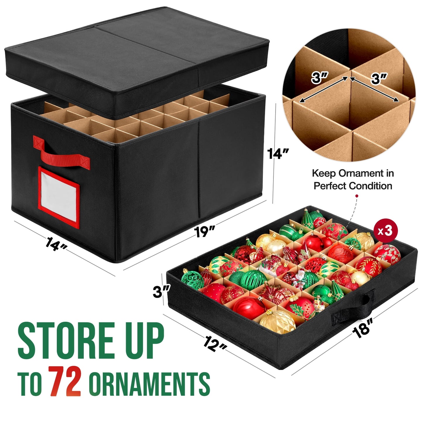 Ayieyill Premium Large Christmas Ornament Storage Box, Christmas Ornament Organizer, with Side Open, 3 Removable Trays - Keeps 72 Holiday Ornaments