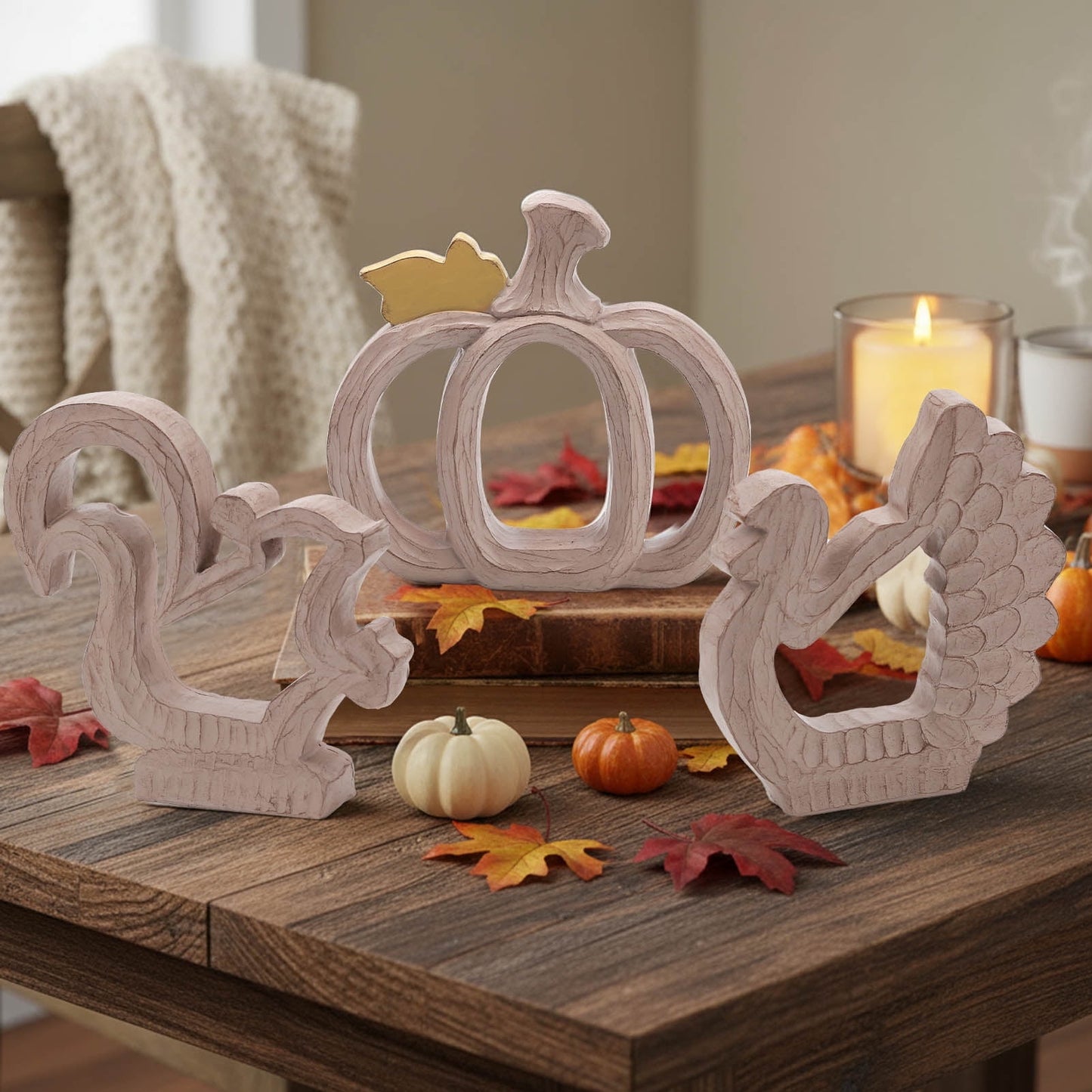 Ayieyill Fall Decorations for Home, Thanksgiving Decorations Pumpkin Decor Turkey Decor Resin, 3pcs Wood