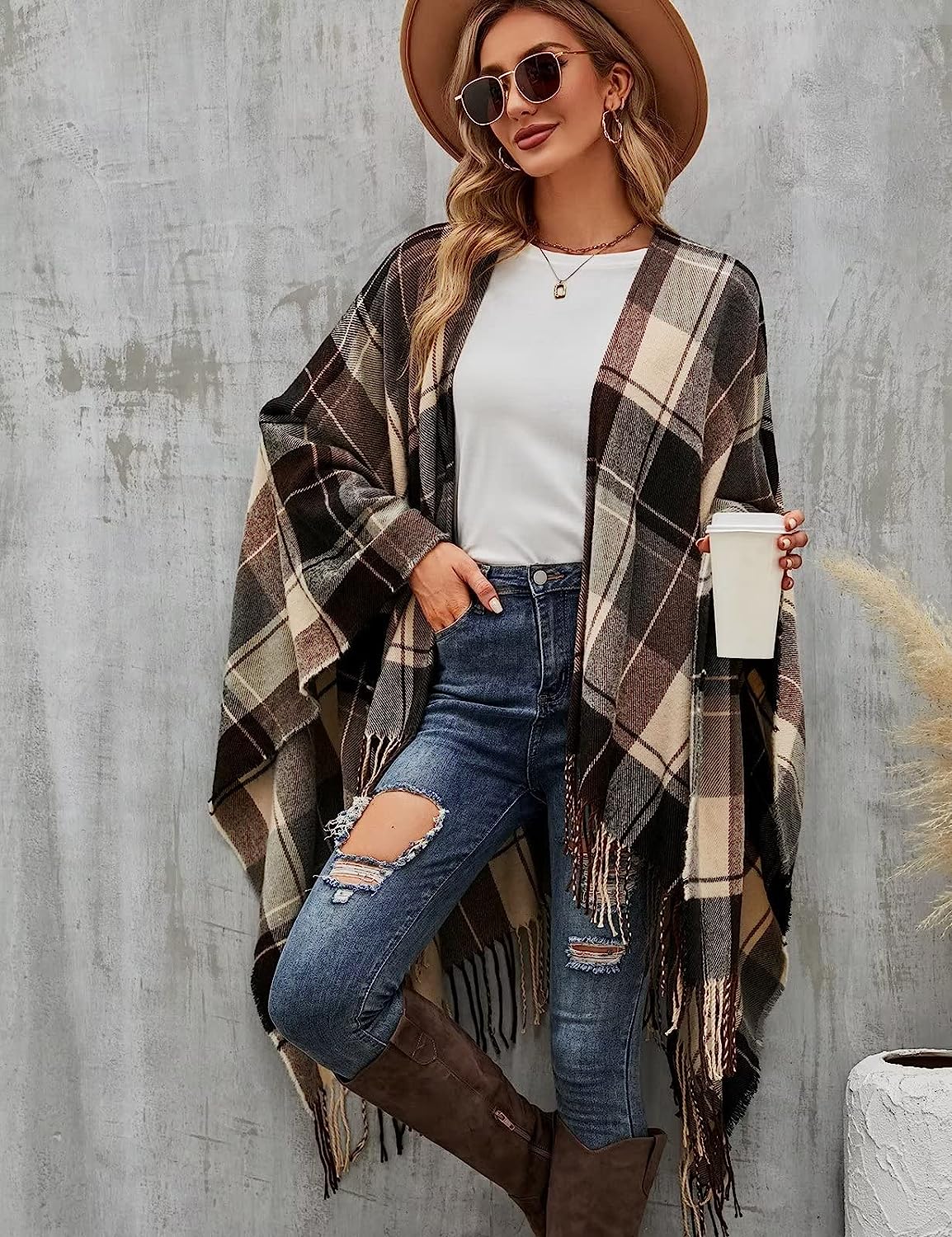 Ayieyill Shawl Wraps for Women Women's Poncho Open Front Boho Knitted Plaid Blanket Scarf Cape