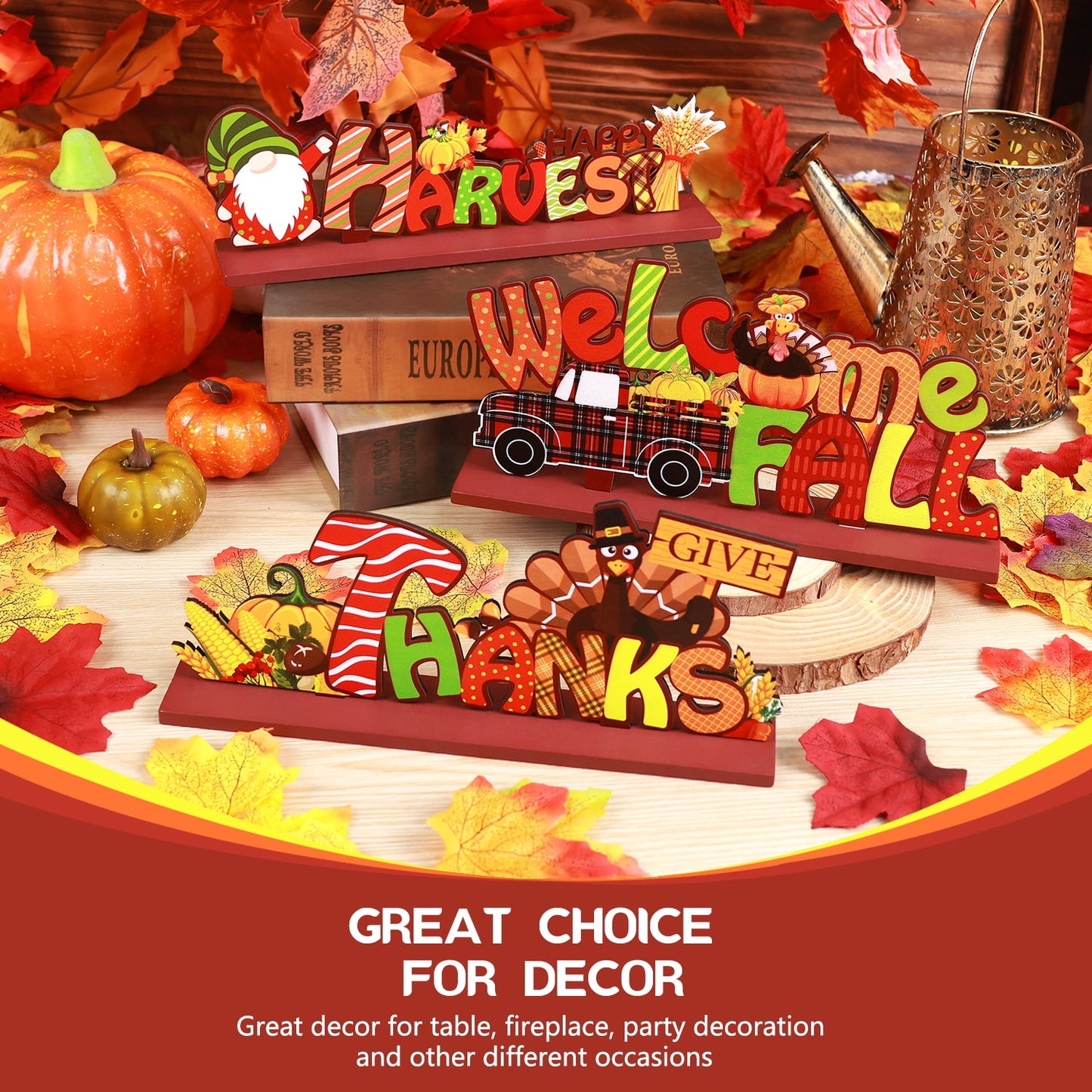 Ayieyill 3pcs Thanksgiving Decorations Indoor, Thanksgiving Table Decor | Turkey Pumpkin | Wooden Signs Decor