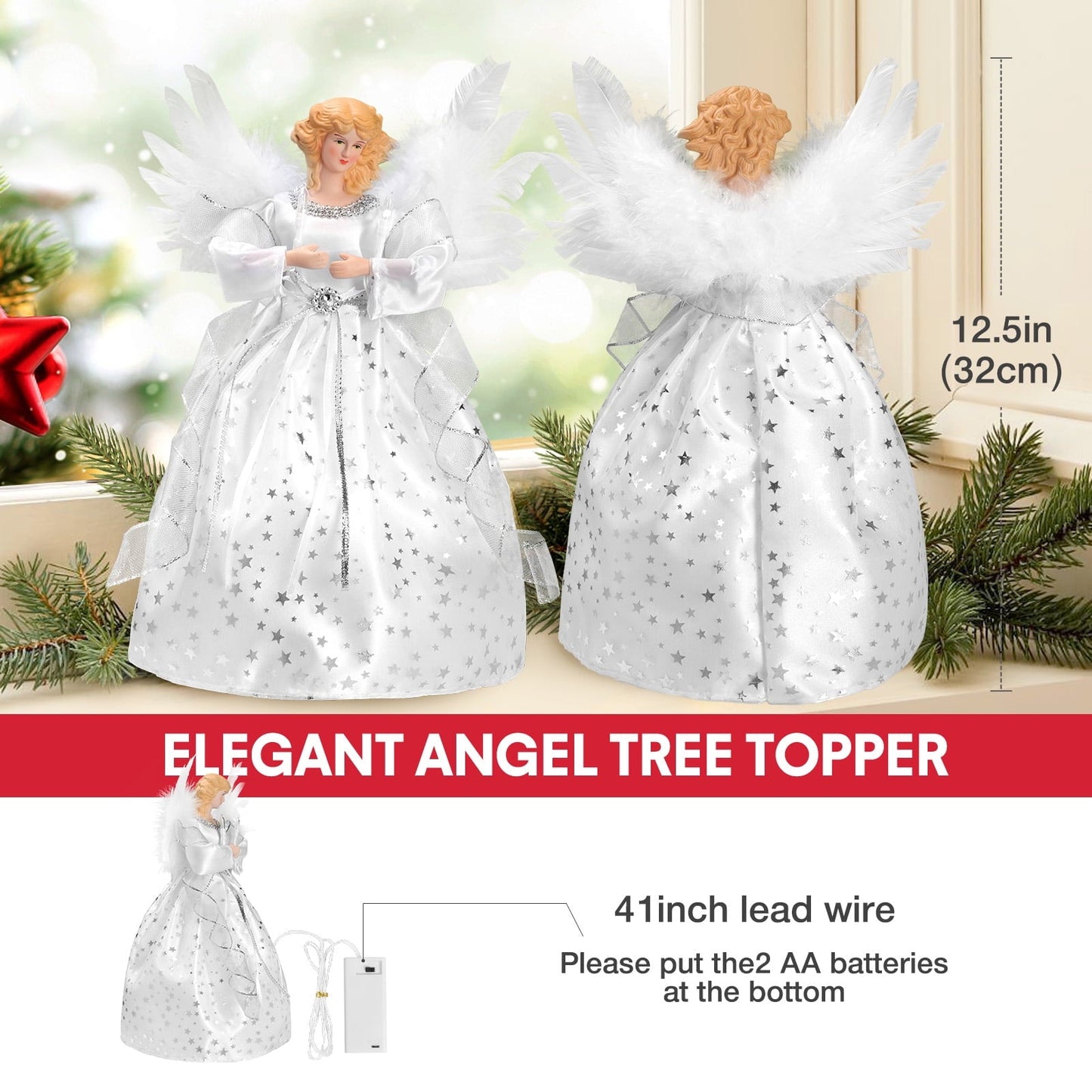 Ayieyill  Angel Treetop, 9-Inch,Lighted Silver Angel with Wings Christmas Tree Topper