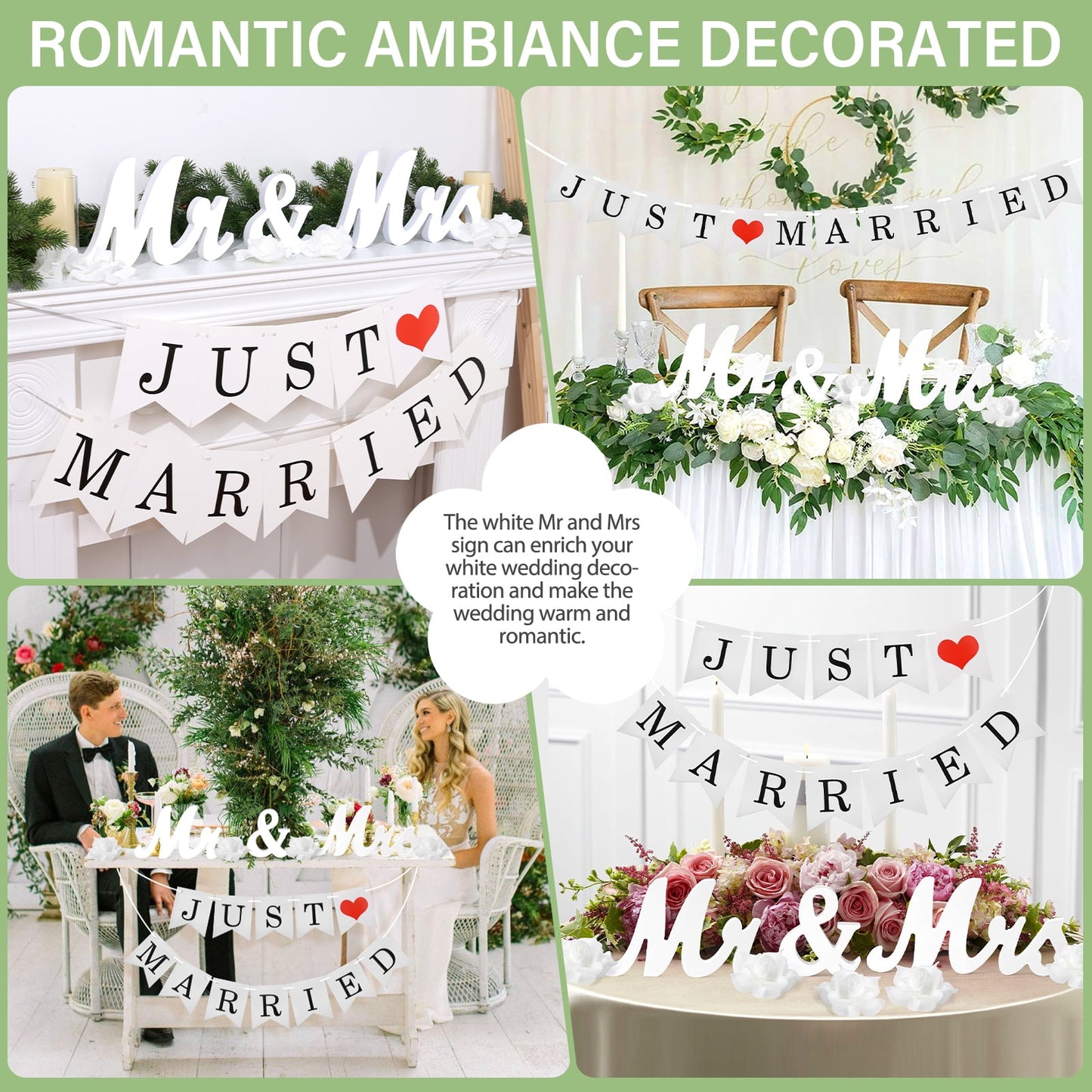 Ayieyill Mr and Mrs Sign for Wedding Party Table, Wedding Decorations for Reception, Wedding Signs (White with Banner)