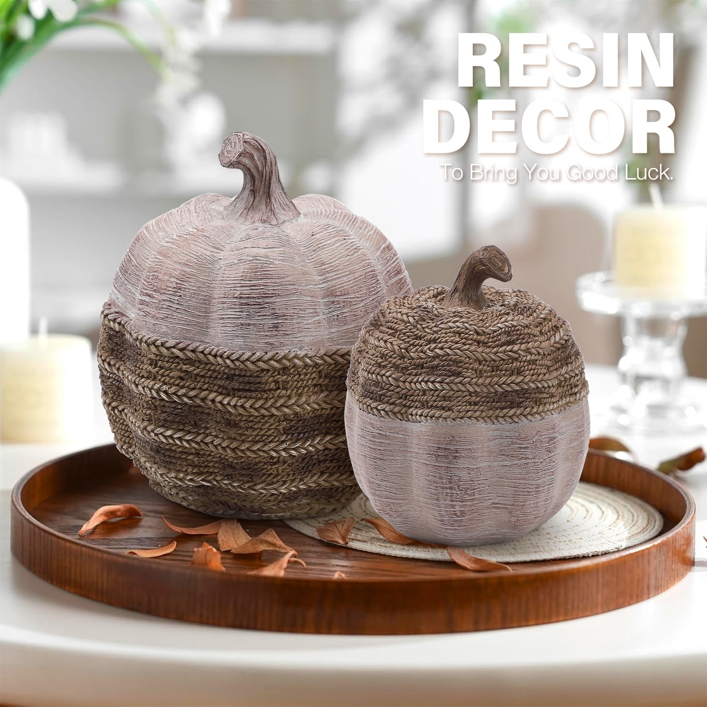 Ayieyill 2pcs Resin Pumpkin Figurines with Woven Texture Fall Decor Autumn Decor Thanksgiving Decorations for Home
