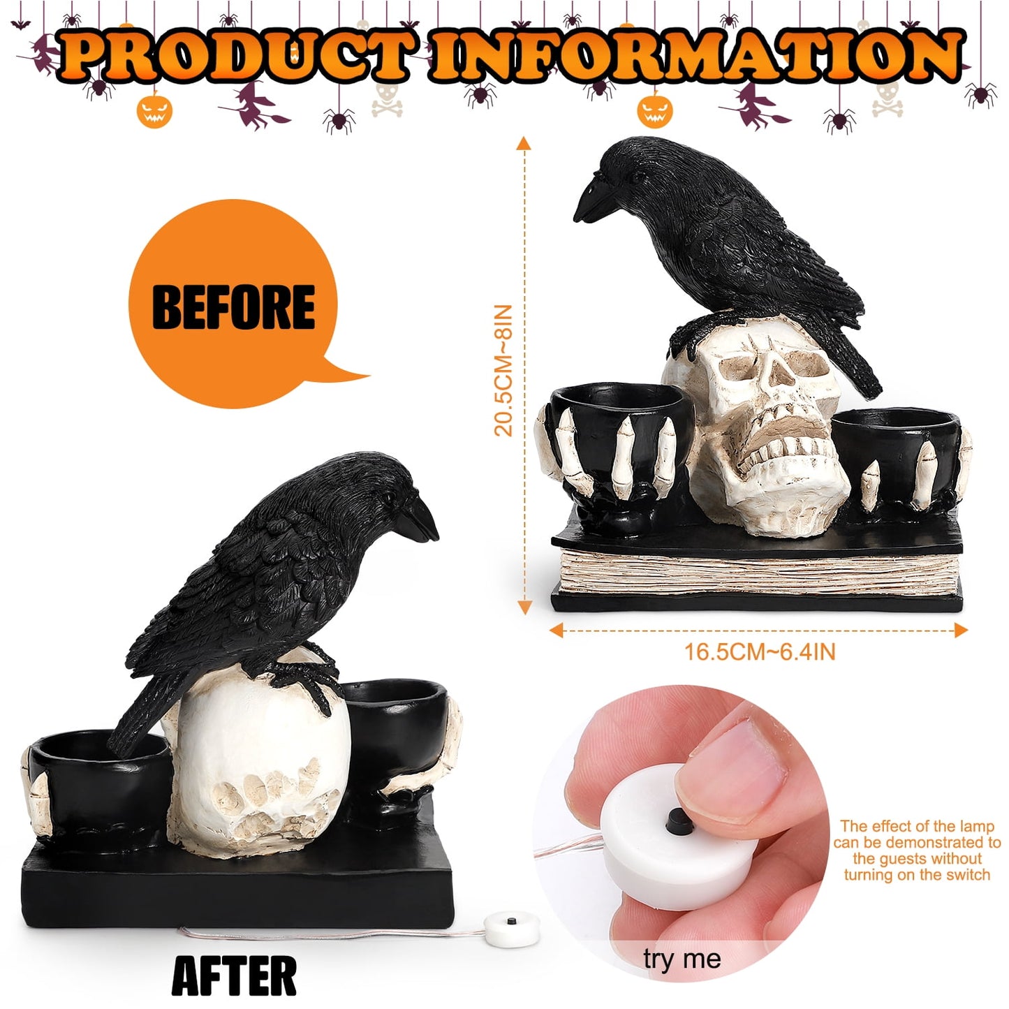 Ayieyill Halloween Skull Decorations with LED Lights, Halloween Candlesticks, Raven Decor, Halloween Decor